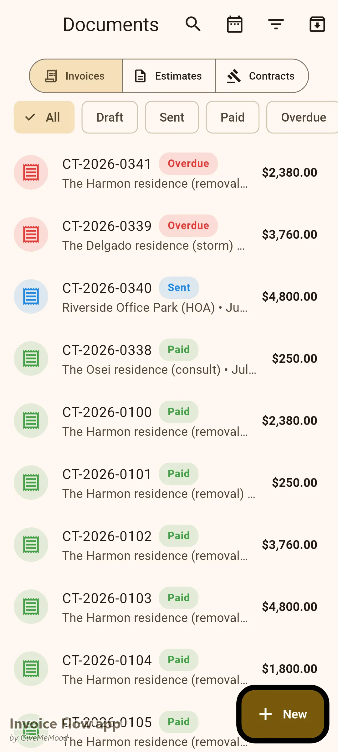 Invoice Flow app documents of a tree service — a removal job, an emergency storm-response invoice for an insurance claim, a commercial pruning contract and an arborist consultation