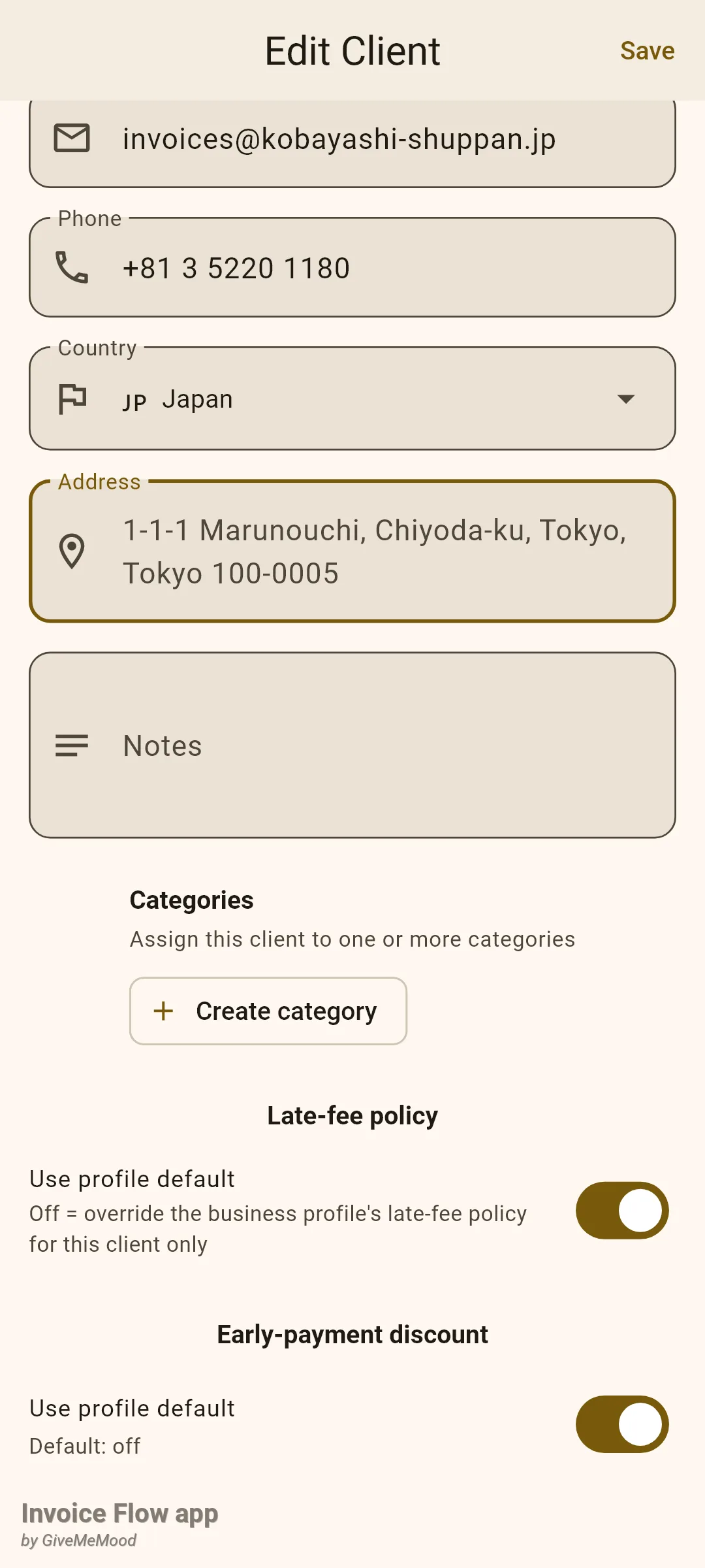 Invoice Flow app client editor for Kobayashi Shuppan with Country set to JP Japan and the focused Address field showing the placeholder 1-1-1 Marunouchi, Chiyoda-ku, Tokyo, Tokyo 100-0005 in Latin letters