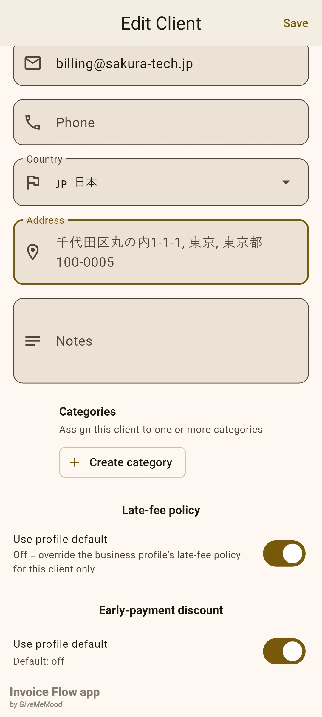Invoice Flow app client editor for Sakura Tech with Country set to JP 日本 and the focused Address field showing the placeholder 千代田区丸の内1-1-1, 東京, 東京都 100-0005 in Japanese script
