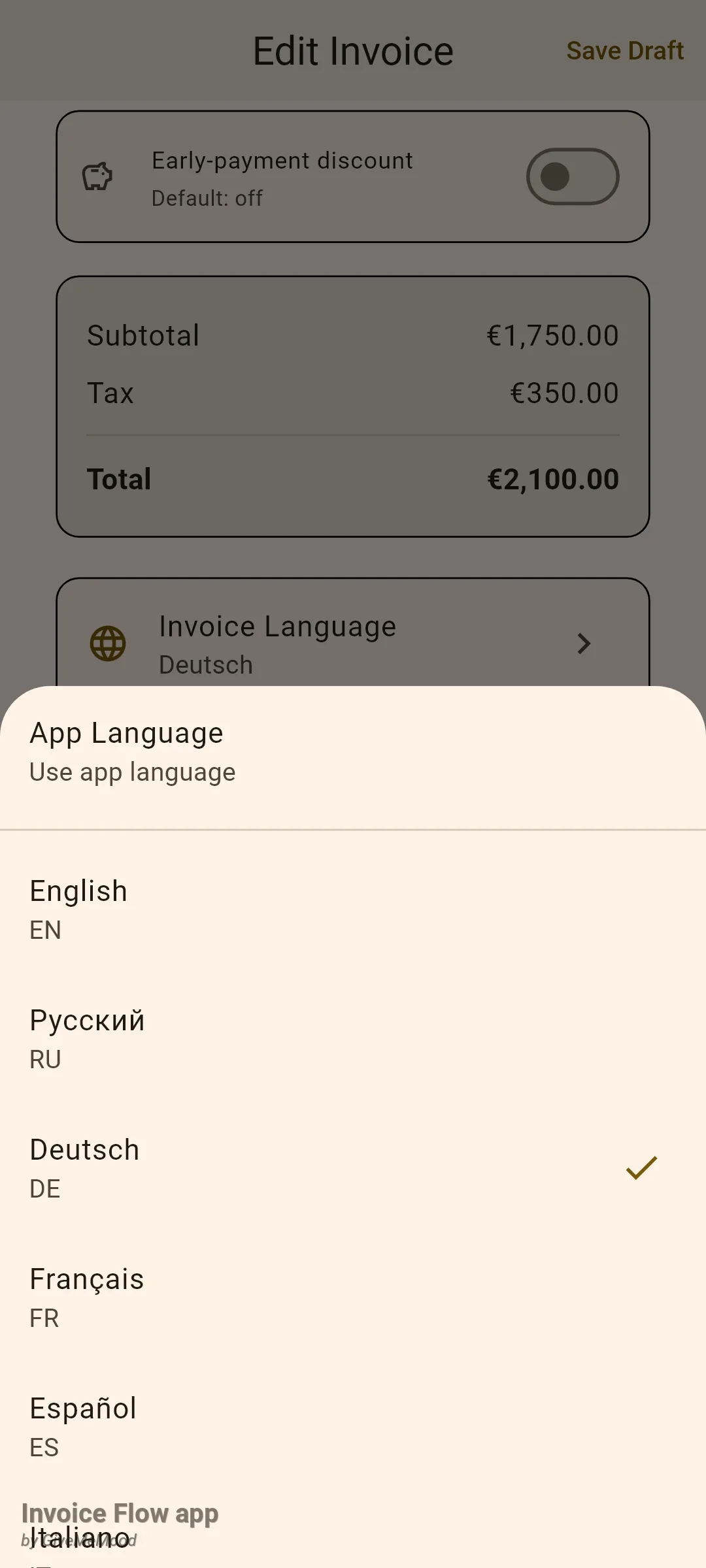 Invoice Flow app Invoice Language bottom sheet over the invoice editor, listing App Language with the subtitle Use app language, then English, Русский, Deutsch with a tick, Français, Español and Italiano, each with its two-letter code