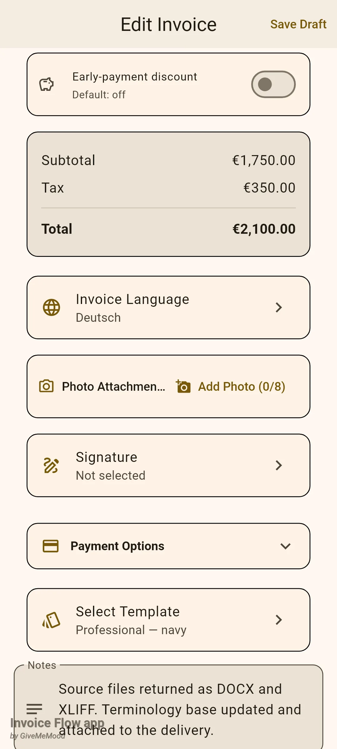Invoice Flow app invoice editor scrolled to the totals card showing Subtotal 1,750.00, Tax 350.00 and Total 2,100.00 euros, followed by the Invoice Language tile set to Deutsch, then Photo Attachments, Signature, Payment Options and Select Template