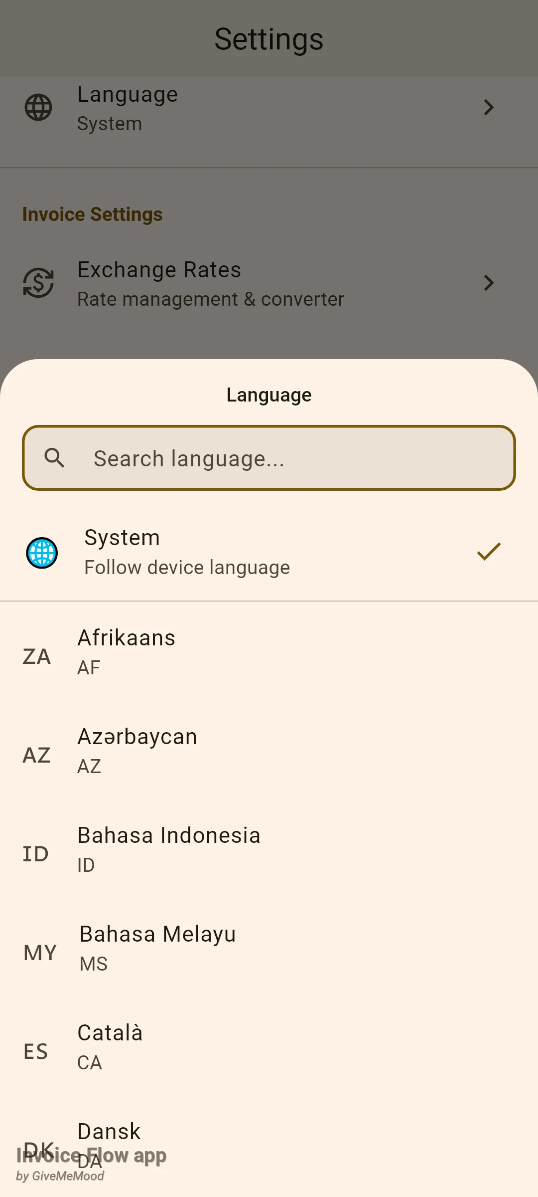 Invoice Flow app Settings screen with the Language sheet open, showing a search field, the System row marked as selected, and the beginning of the alphabetical language list with Afrikaans, Azerbaijani, Indonesian, Malay, Catalan and Danish