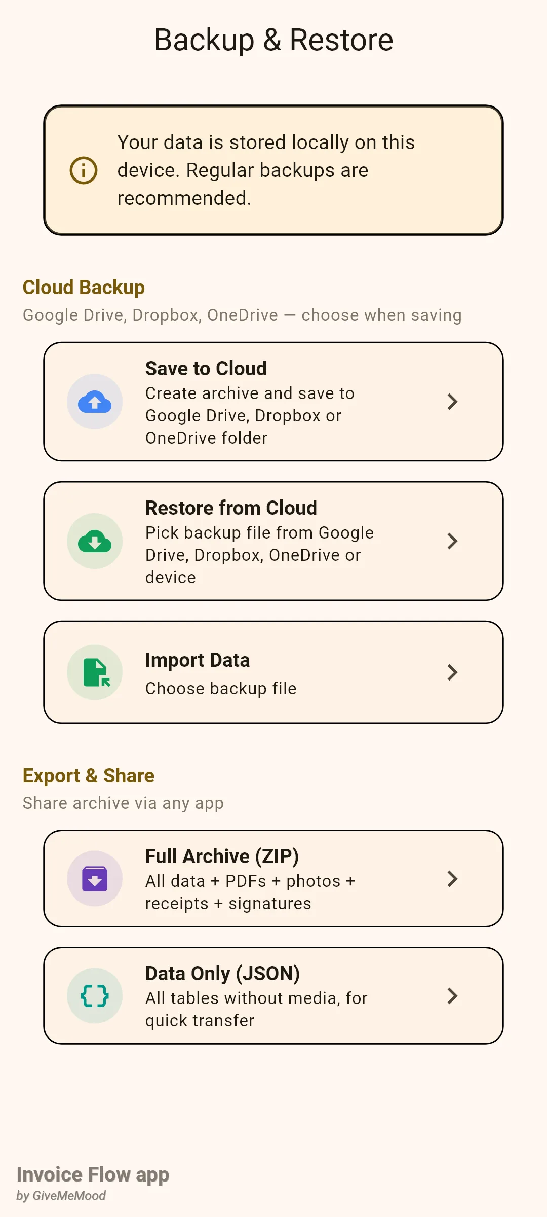 Invoice Flow app Backup & Restore screen with an info card, a Cloud Backup section containing Save to Cloud, Restore from Cloud and Import Data tiles, and an Export & Share section containing Full Archive (ZIP) and Data Only (JSON) tiles