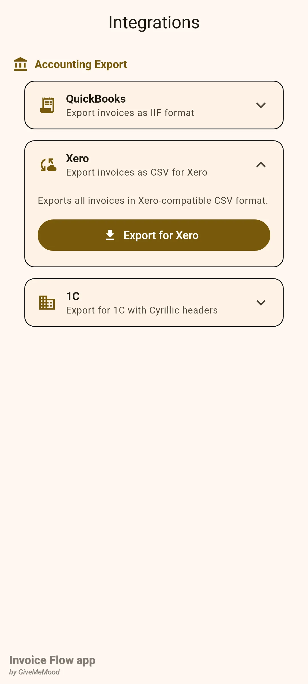 Invoice Flow app Integrations screen under the Accounting Export heading with QuickBooks, Xero and 1C cards; the Xero card is expanded and shows an Export for Xero button