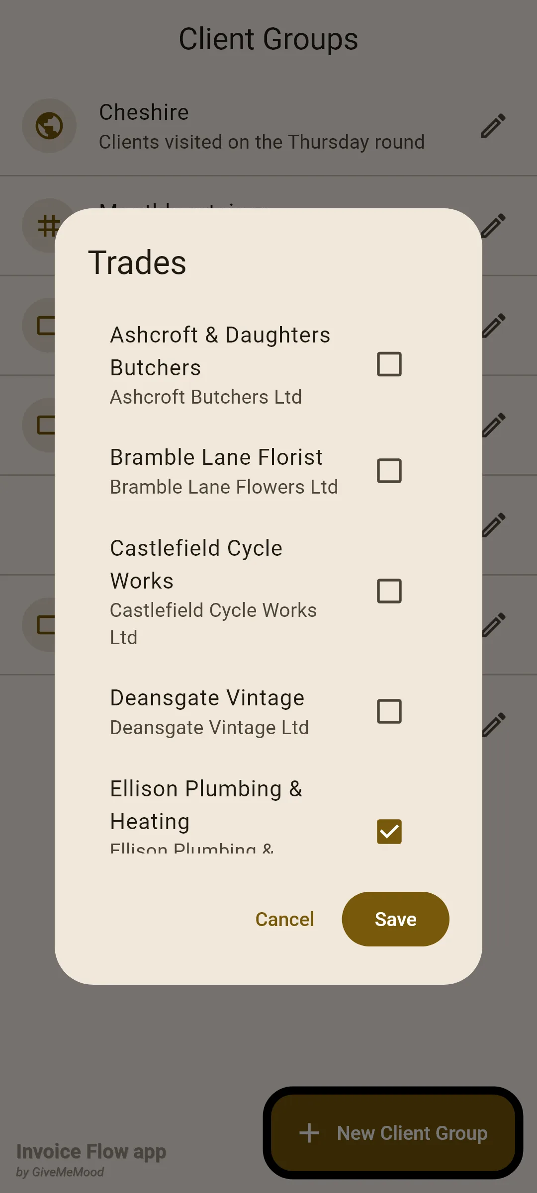 Invoice Flow app member picker dialog titled Trades listing clients with checkboxes, Ellison Plumbing & Heating ticked, with Cancel and Save buttons