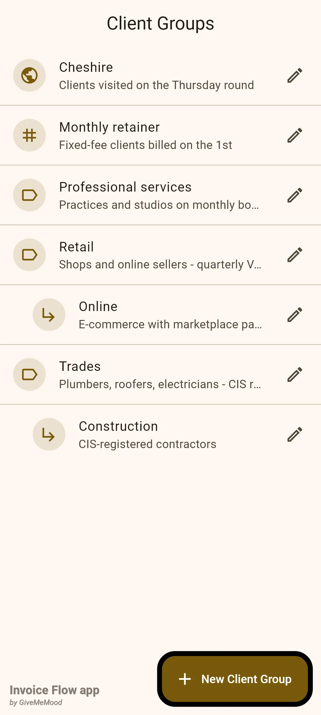 Invoice Flow app Client Groups screen listing Cheshire with a globe icon, Monthly retainer with a hash icon, Professional services, Retail and Trades with label icons, and the sub-categories Online and Construction indented with arrow icons, each row with a description and a pencil button, plus a New Client Group button