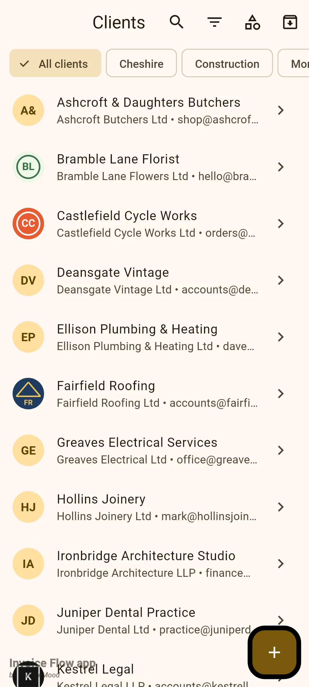 Invoice Flow app Clients tab listing twelve bookkeeping clients such as Ashcroft & Daughters Butchers and Fairfield Roofing with avatars, company and email lines, a row of chips reading All clients, Cheshire, Construction above the list, and a plus button