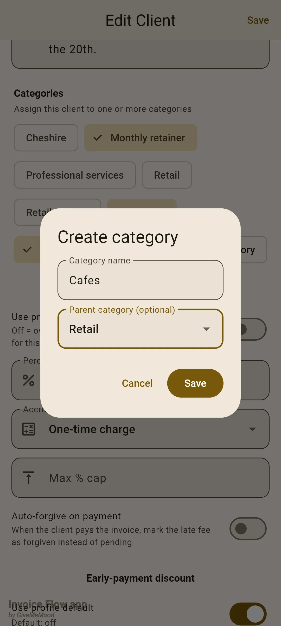 Invoice Flow app Create category dialog over the client editor with Category name set to Cafes and Parent category (optional) set to Retail, with Cancel and Save buttons