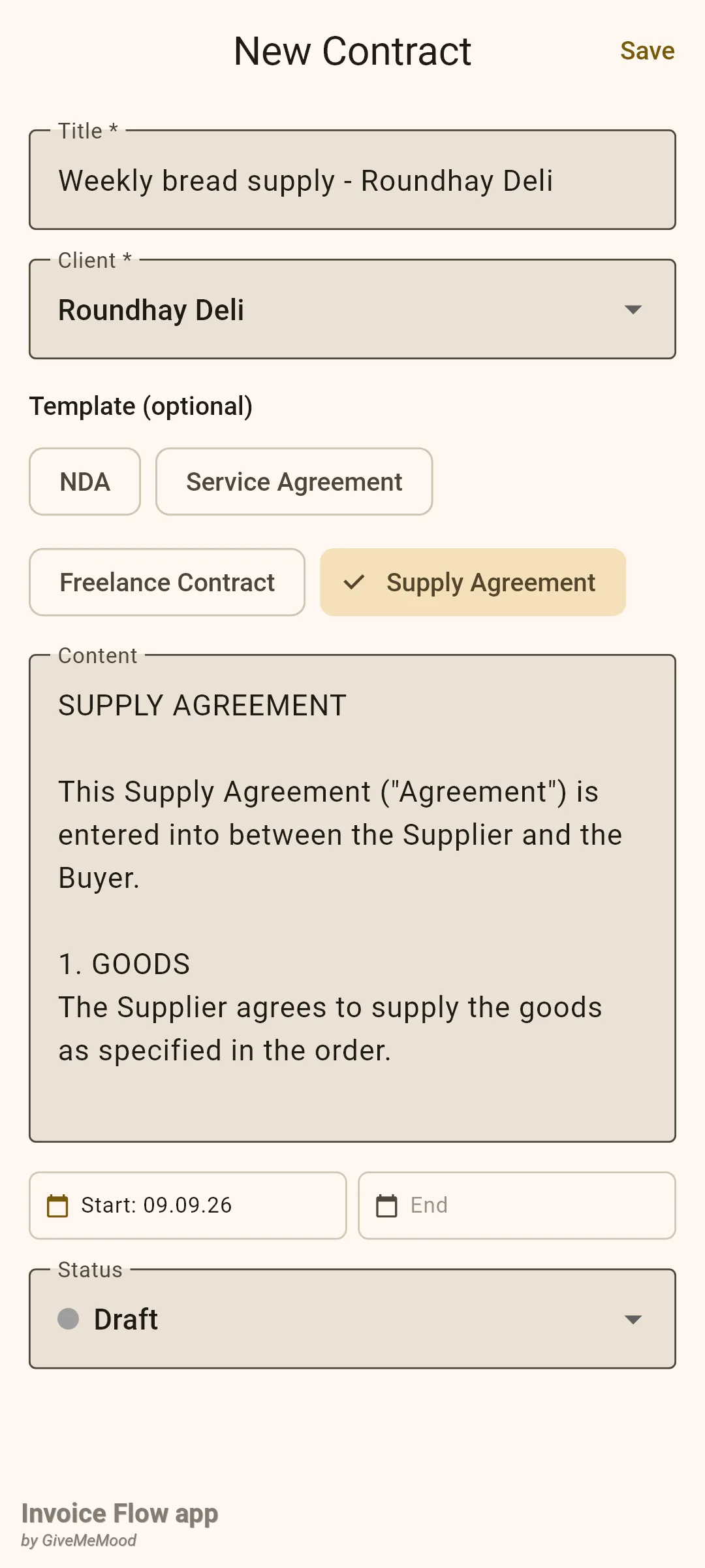 Invoice Flow app New Contract editor with the title Weekly bread supply - Roundhay Deli, the client Roundhay Deli selected, the Supply Agreement template chip highlighted, the generated SUPPLY AGREEMENT text in the Content field, Start set to 09.09.26 and Status Draft
