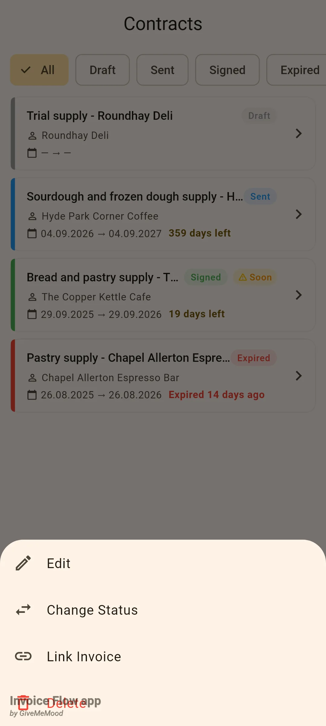 Invoice Flow app Contracts screen with the long-press action sheet open on The Copper Kettle Cafe agreement, offering Edit, Change Status, Link Invoice and Delete