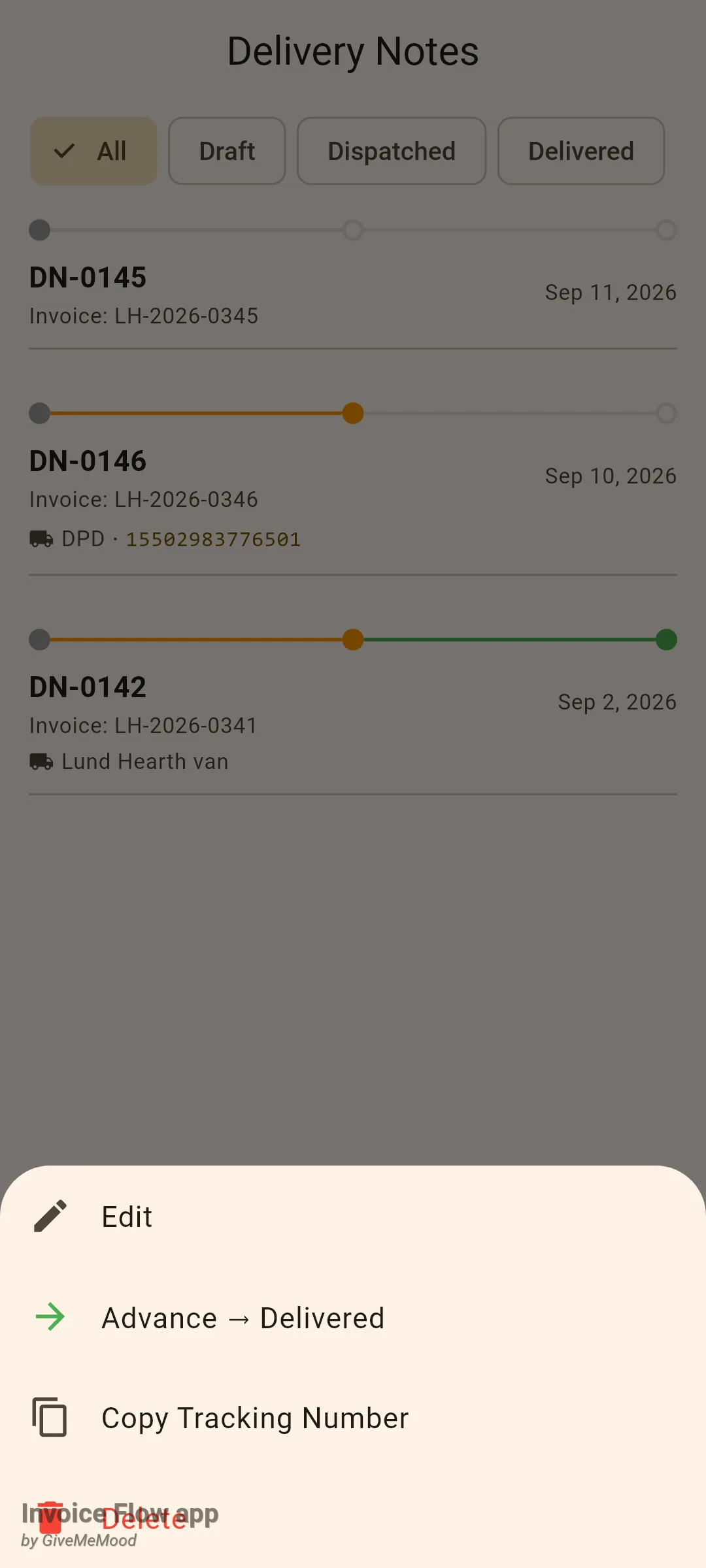 Invoice Flow app Delivery Notes screen with the long-press sheet open on DN-0146, showing Edit, Advance to Delivered, Copy Tracking Number and Delete