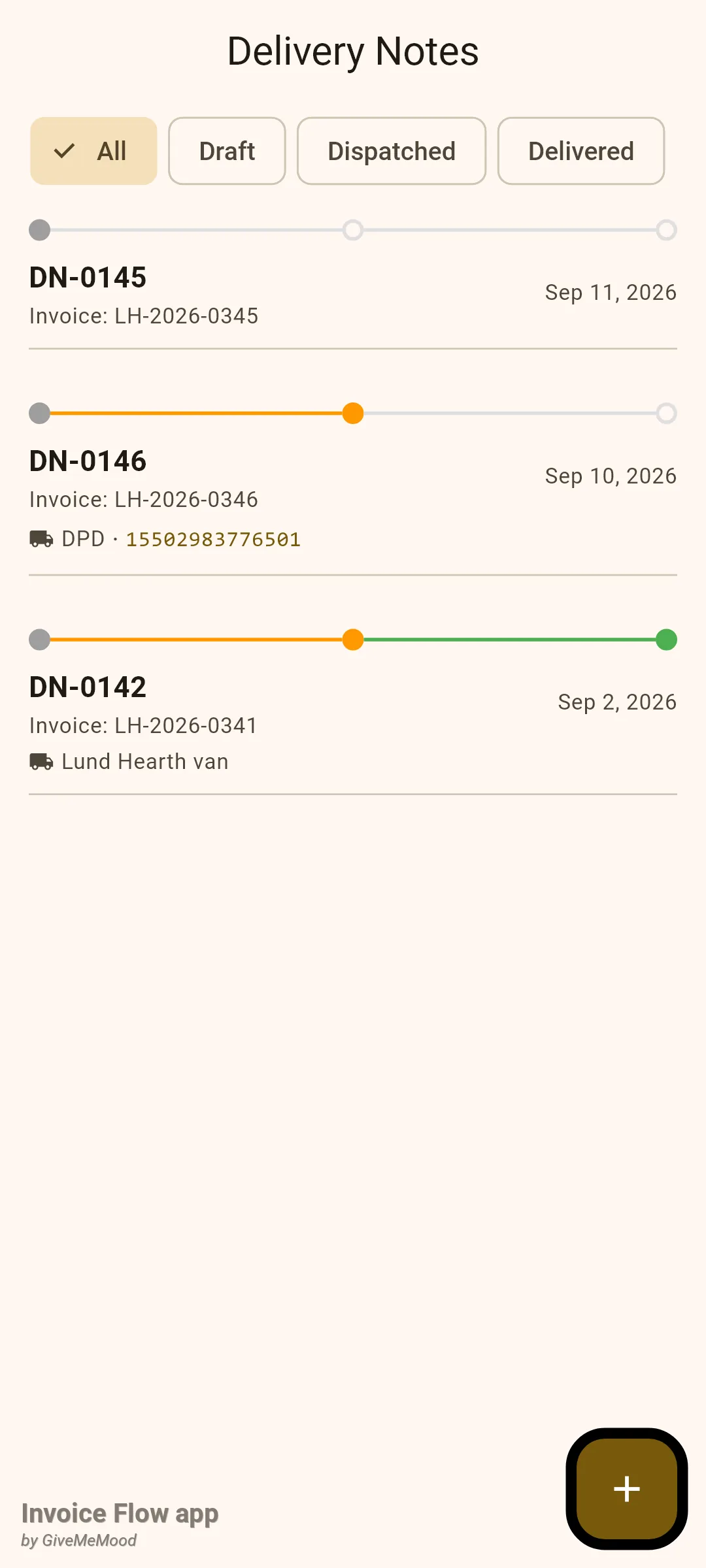 Invoice Flow app Delivery Notes screen with three rows: DN-0145 draft for invoice LH-2026-0345 dated Sep 11 2026, DN-0146 dispatched for LH-2026-0346 via DPD with tracking number 15502983776501, and DN-0142 delivered for LH-2026-0341 by Lund Hearth van