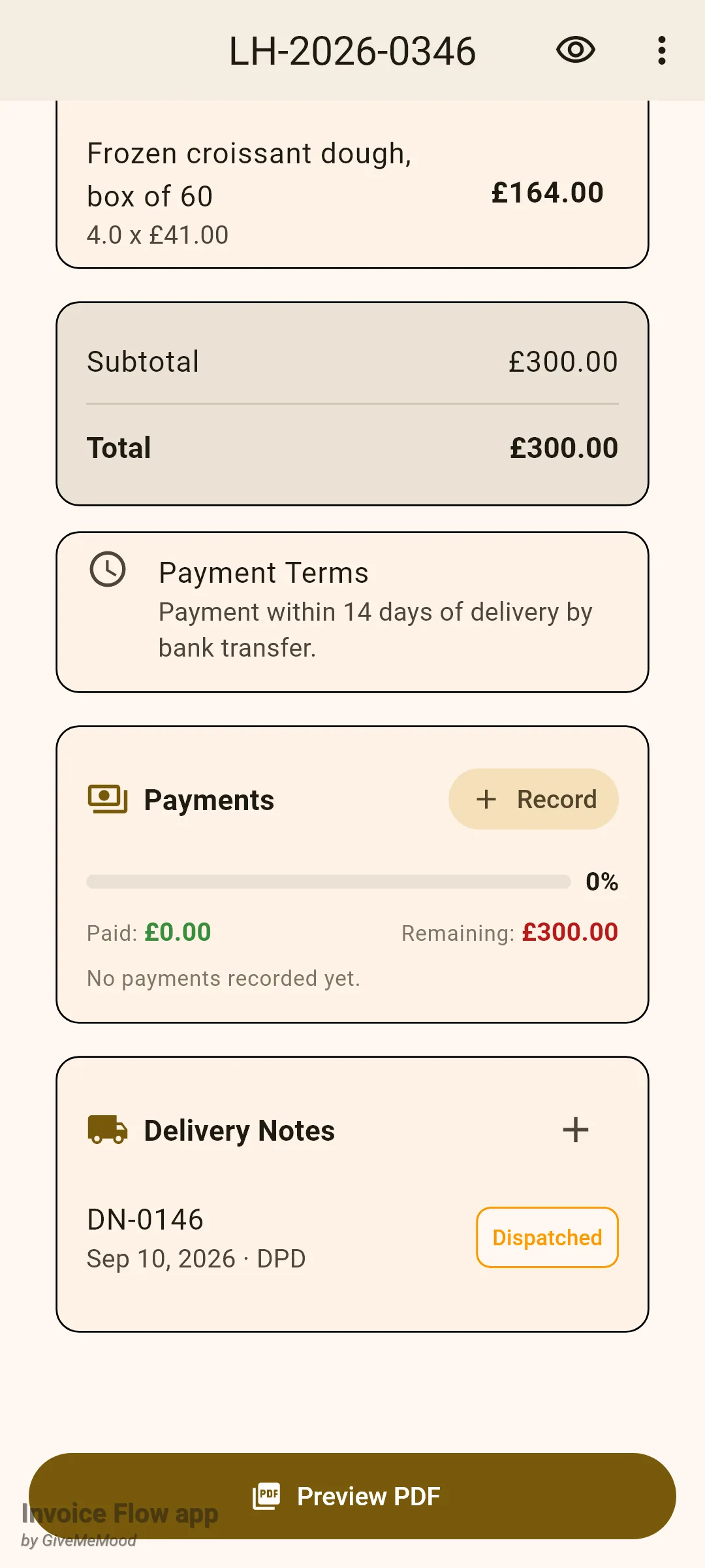 Invoice Flow app invoice LH-2026-0346 detail screen scrolled to the Subtotal and Total of £300.00, the Payment Terms card, the Payments card at 0 percent and a Delivery Notes card listing DN-0146 Sep 10 2026 DPD with a Dispatched chip