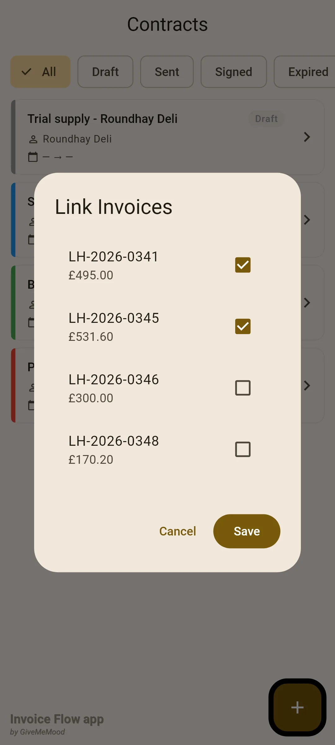 Invoice Flow app Link Invoices dialog listing LH-2026-0341 £495.00 and LH-2026-0345 £531.60 ticked, LH-2026-0346 £300.00 and LH-2026-0348 £170.20 unticked, with Cancel and Save buttons