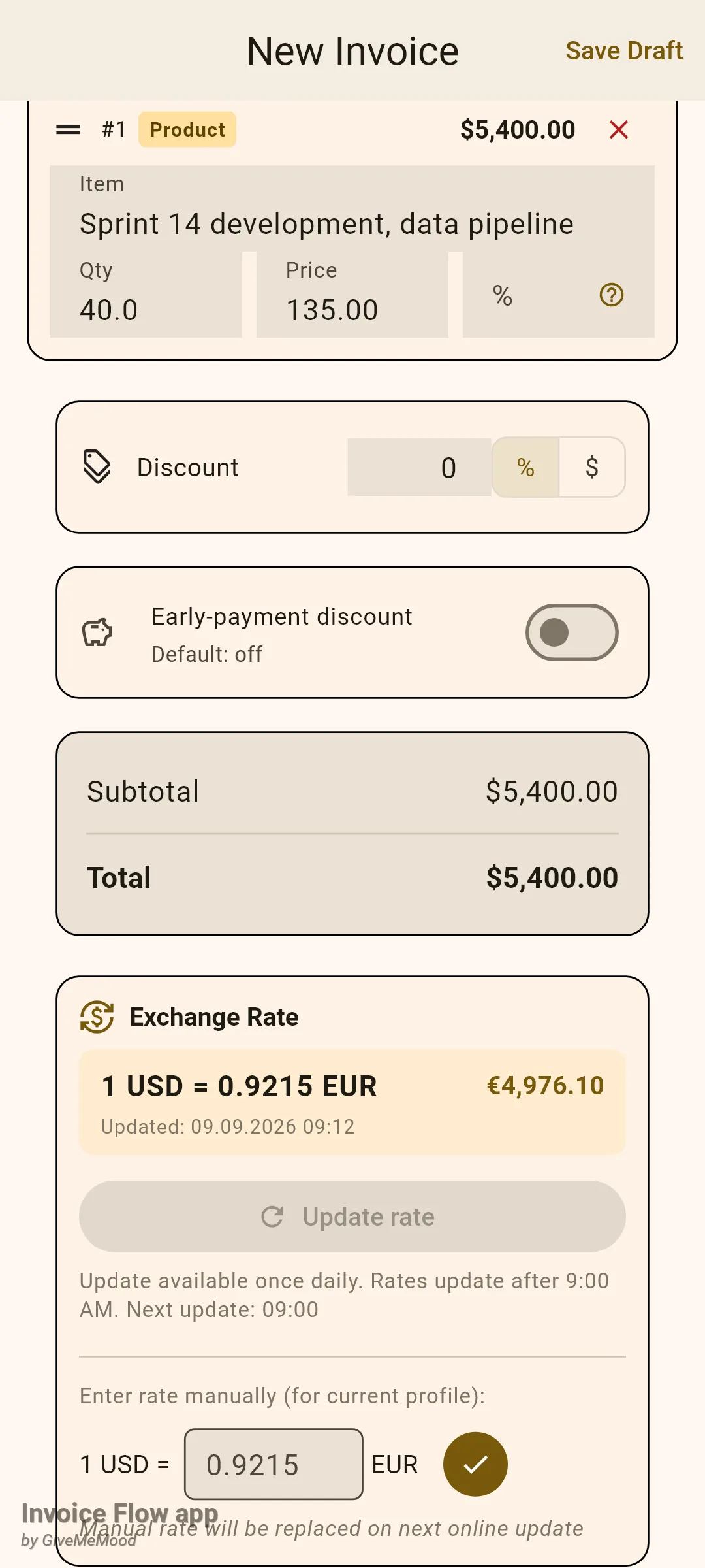Invoice Flow app invoice editor for a new USD invoice showing a 5,400 dollar line item, the totals block, and the Exchange Rate card with 1 USD = 0.9215 EUR, a converted total of 4,976.10 euros, a disabled Update rate button with the once-daily caption, and a manual rate field