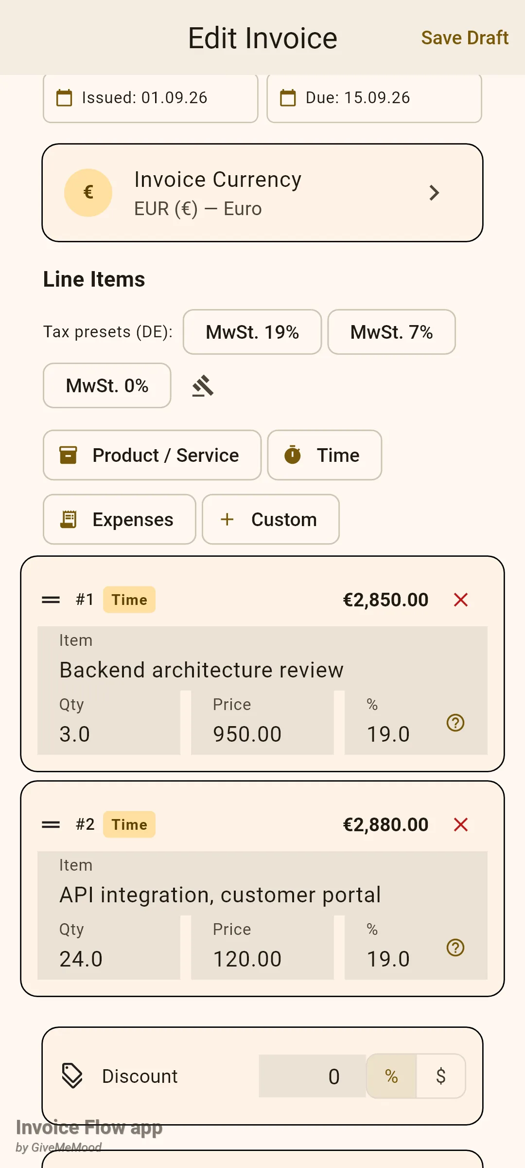 Invoice Flow app invoice editor showing the Invoice Currency tile set to EUR, the Line Items heading, a Tax presets (DE) row with chips MwSt. 19%, MwSt. 7% and MwSt. 0% plus a gavel icon, and two line items for a German client each with 19.0 in the percent field