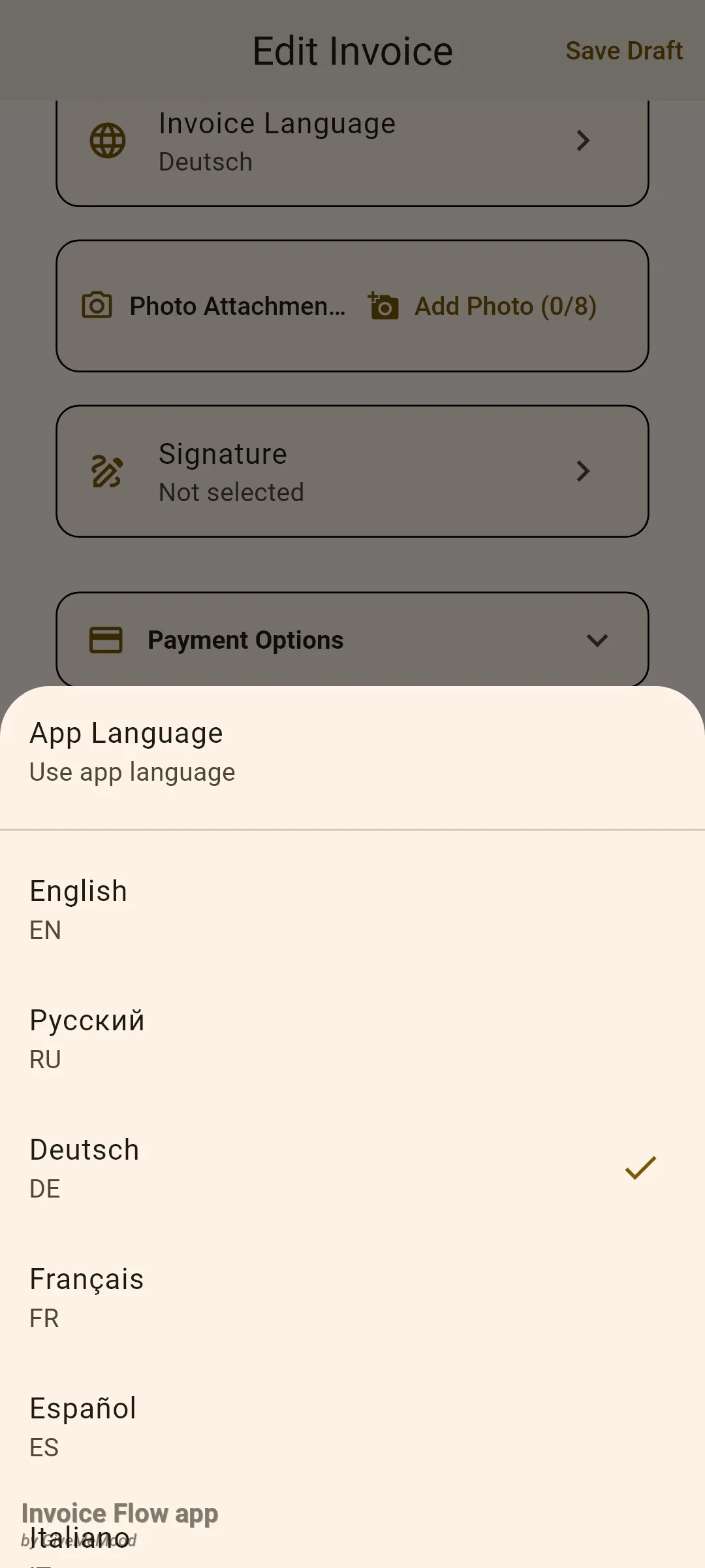 Invoice Flow app invoice editor with the Invoice Language bottom sheet open, showing App Language at the top and a list of languages English, Russian, Deutsch with a check mark, French, Spanish and Italian with their two-letter codes