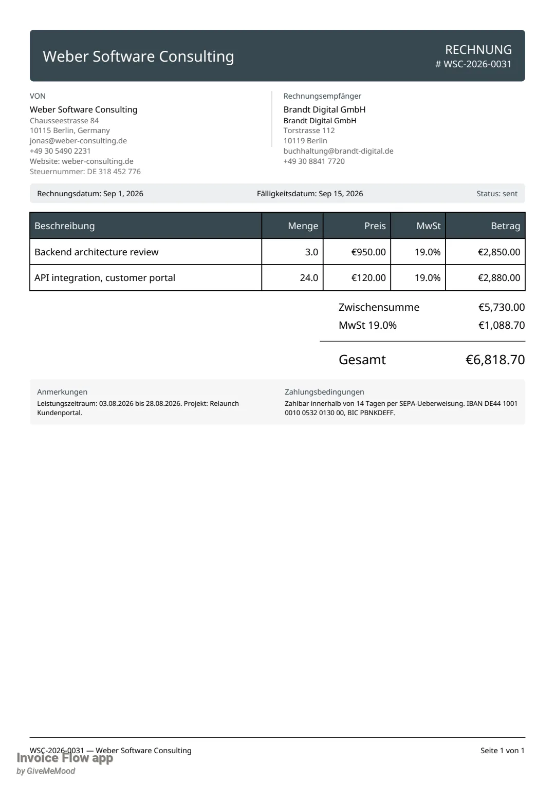 Invoice Flow app PDF of invoice WSC-2026-0031 in the Professional template with German labels: Rechnung, Von, Rechnungsempfänger, Rechnungsdatum, Beschreibung, Menge, Preis, MwSt, Betrag, Zwischensumme 5,730.00 euros, MwSt 19.0% 1,088.70 euros and Gesamt 6,818.70 euros, plus Anmerkungen and Zahlungsbedingungen sections