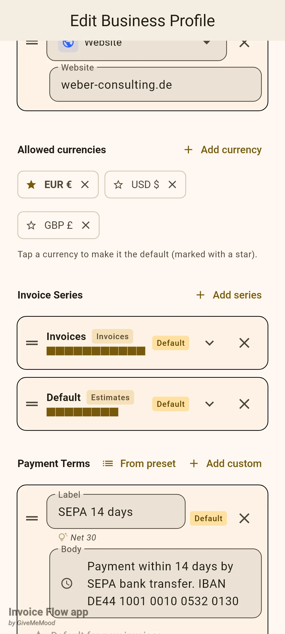 Invoice Flow app business profile editor showing the Allowed currencies section with three chips, EUR marked with a star as default, USD and GBP, and the hint that tapping a currency makes it the default