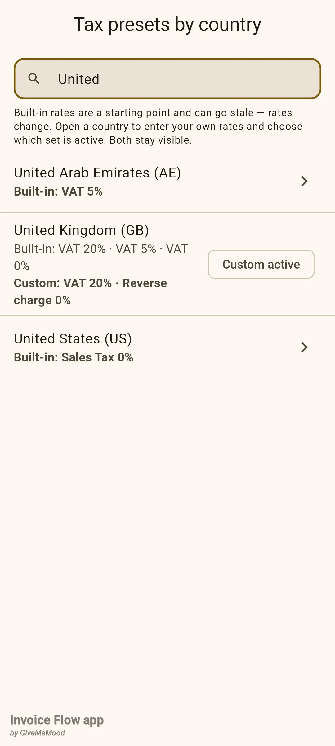 Invoice Flow app Tax presets by country screen filtered by the word United, listing United Arab Emirates, United Kingdom with built-in VAT 20%, 5%, 0% and a bold custom line VAT 20% and Reverse charge 0% marked with a Custom active chip, and United States