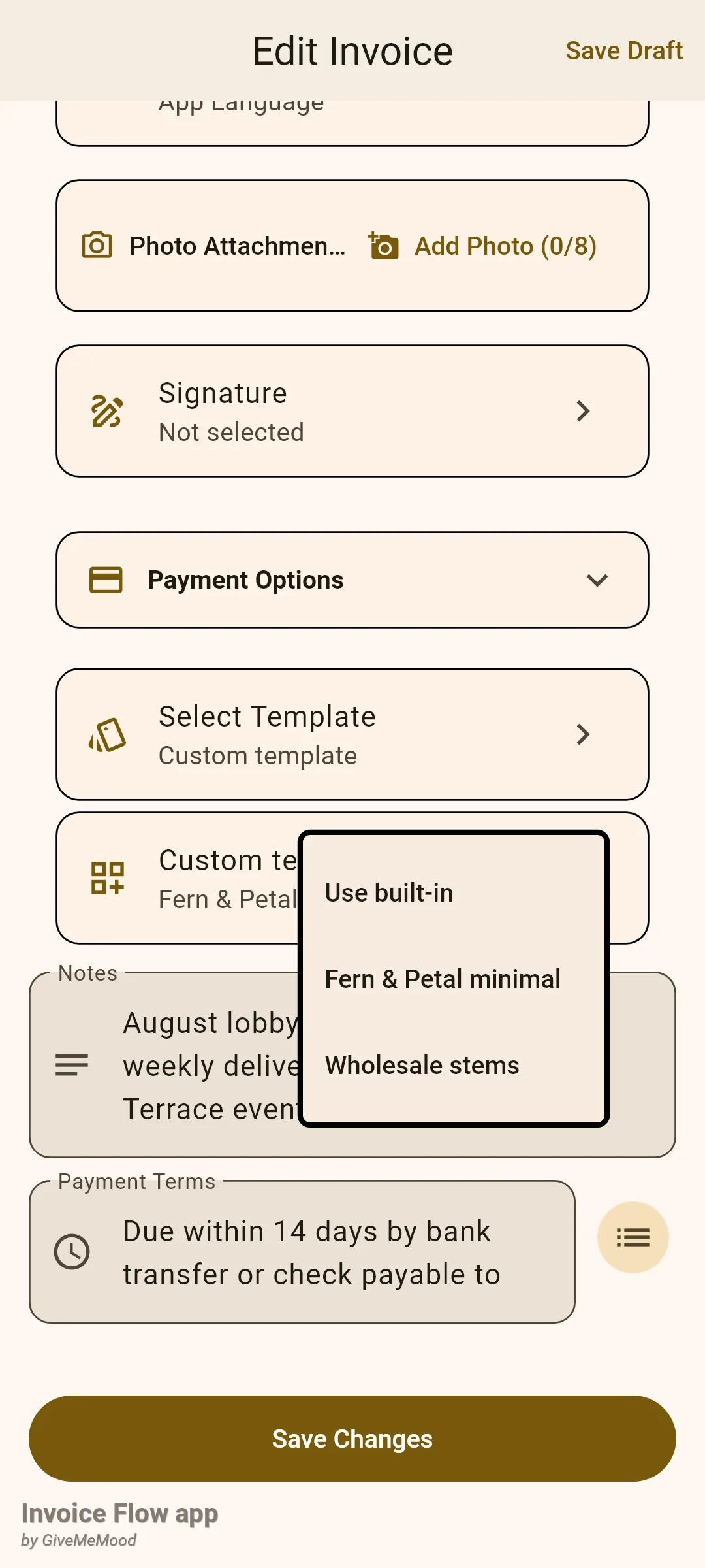 Invoice Flow app invoice editor scrolled to the Select Template card reading Custom template and the Custom template card below it showing Fern & Petal minimal, with its menu open listing Use built-in, Fern & Petal minimal and Wholesale stems