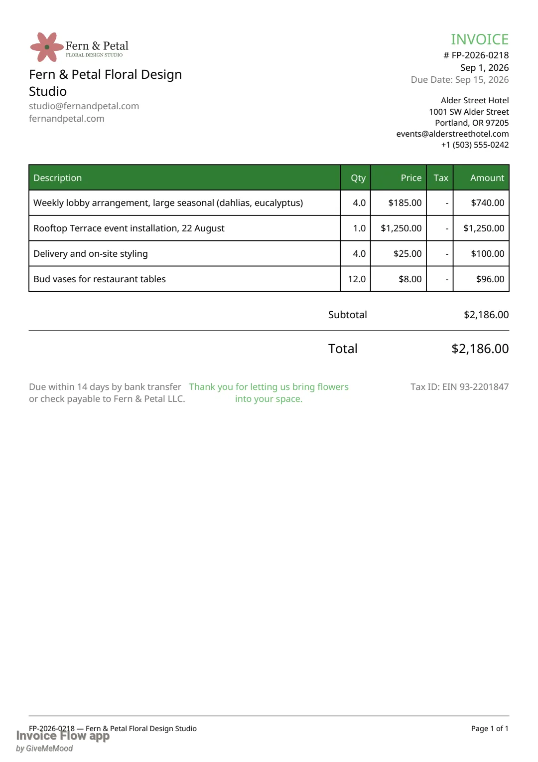 Invoice Flow app PDF of invoice FP-2026-0218 from a custom template: Fern & Petal logo, company name, email and website on the left; green INVOICE title, number, dates and the Alder Street Hotel address on the right; a green-headed items table with four lines totalling $2,186.00; payment terms, a green centred thank-you line and the tax ID in the footer