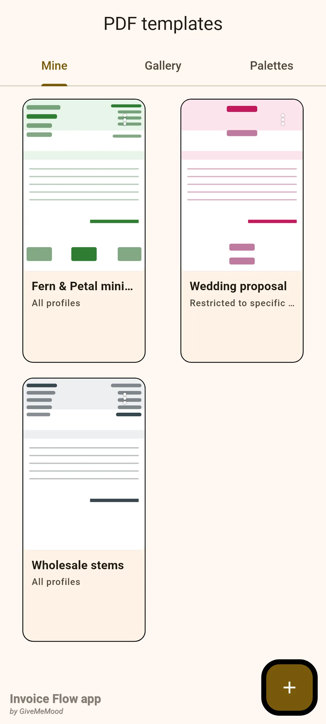 Invoice Flow app PDF templates screen on the Mine tab with three cards: Fern & Petal minimal in green marked All profiles, Wedding proposal in rose marked Restricted to specific profiles, and Wholesale stems in charcoal, plus a + button
