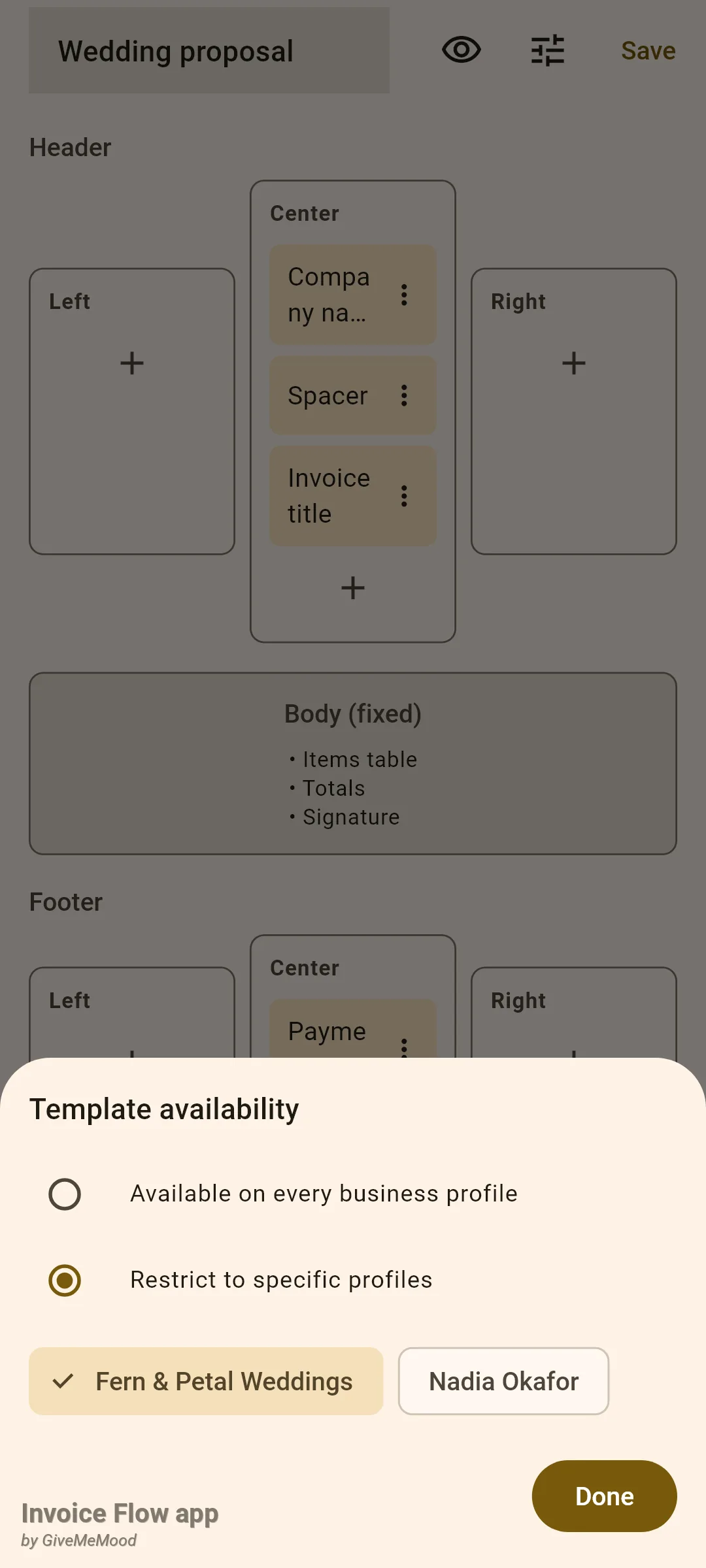 Invoice Flow app Template availability sheet over the Wedding proposal template editor, with Restrict to specific profiles selected and the Fern & Petal Weddings chip ticked while the Nadia Okafor chip is not