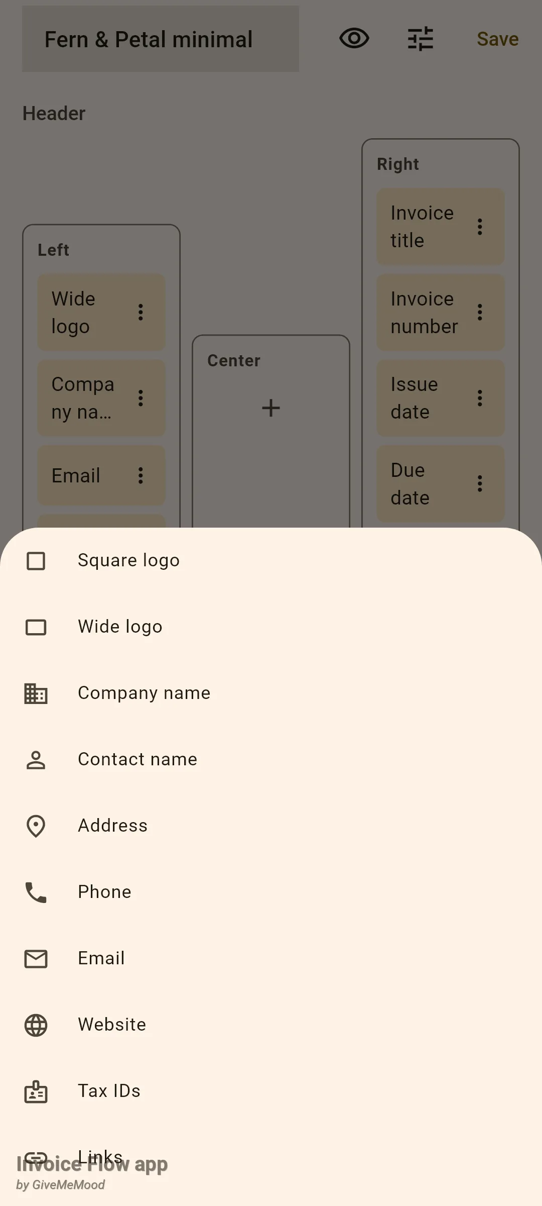 Invoice Flow app element catalog bottom sheet over the template editor, listing Square logo, Wide logo, Company name, Contact name, Address, Phone, Email, Website, Tax IDs and Links with icons