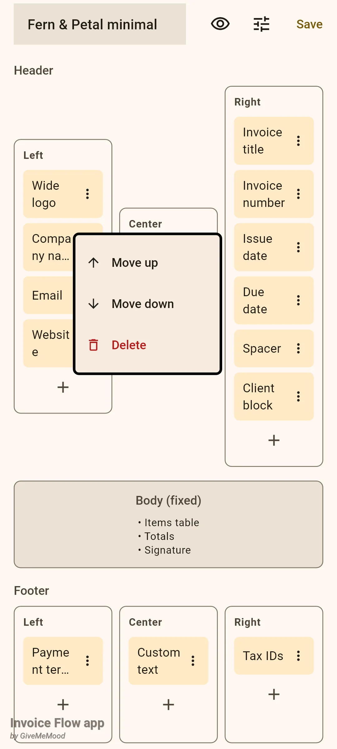 Invoice Flow app template editor with the three-dot menu of the Company name chip open showing Move up, Move down and Delete in red