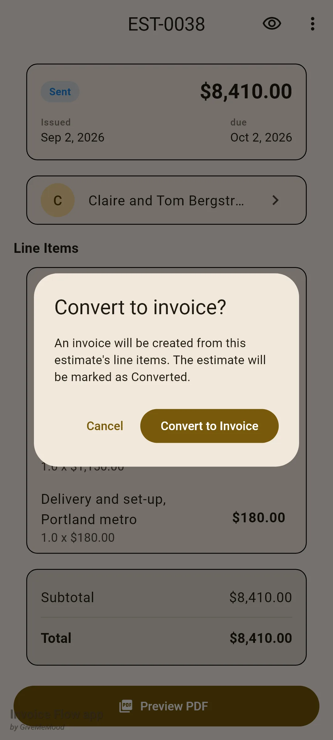 Invoice Flow app Convert to invoice? dialog over estimate EST-0038 reading An invoice will be created from this estimate's line items. The estimate will be marked as Converted, with Cancel and Convert to Invoice buttons