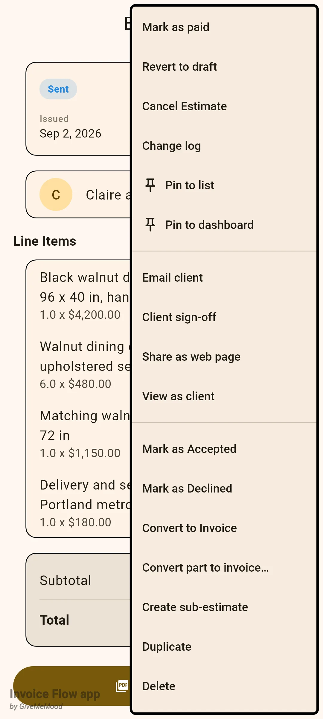 Invoice Flow app overflow menu on sent estimate EST-0038 listing Mark as paid, Revert to draft, Cancel Estimate, Change log, Pin to list, Pin to dashboard, Email client, Client sign-off, Share as web page, View as client, Mark as Accepted, Mark as Declined, Convert to Invoice, Convert part to invoice, Create sub-estimate, Duplicate and Delete