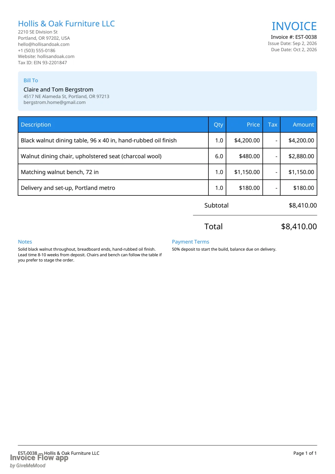 Invoice Flow app PDF of estimate EST-0038 on the Clean template for Hollis & Oak Furniture LLC billed to Claire and Tom Bergstrom, with the heading INVOICE, Invoice #: EST-0038, issue date Sep 2 2026, due date Oct 2 2026, four line items and a total of $8,410.00