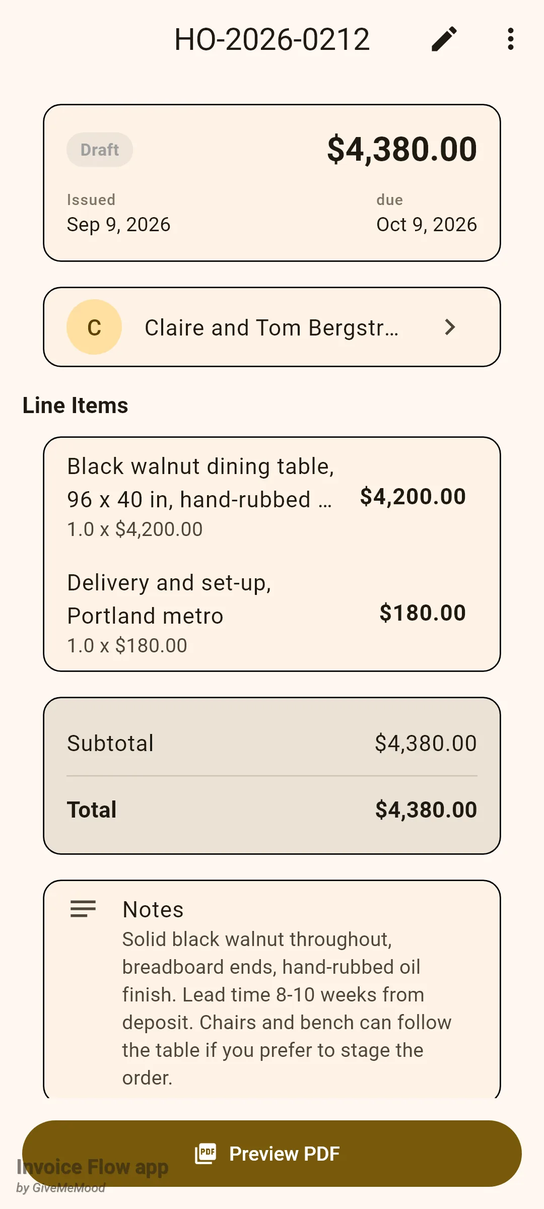 Invoice Flow app detail screen of draft invoice HO-2026-0212 for Claire and Tom Bergstrom, issued Sep 9 2026, due Oct 9 2026, with two line items, the walnut dining table $4,200.00 and delivery $180.00, total $4,380.00 and the copied notes