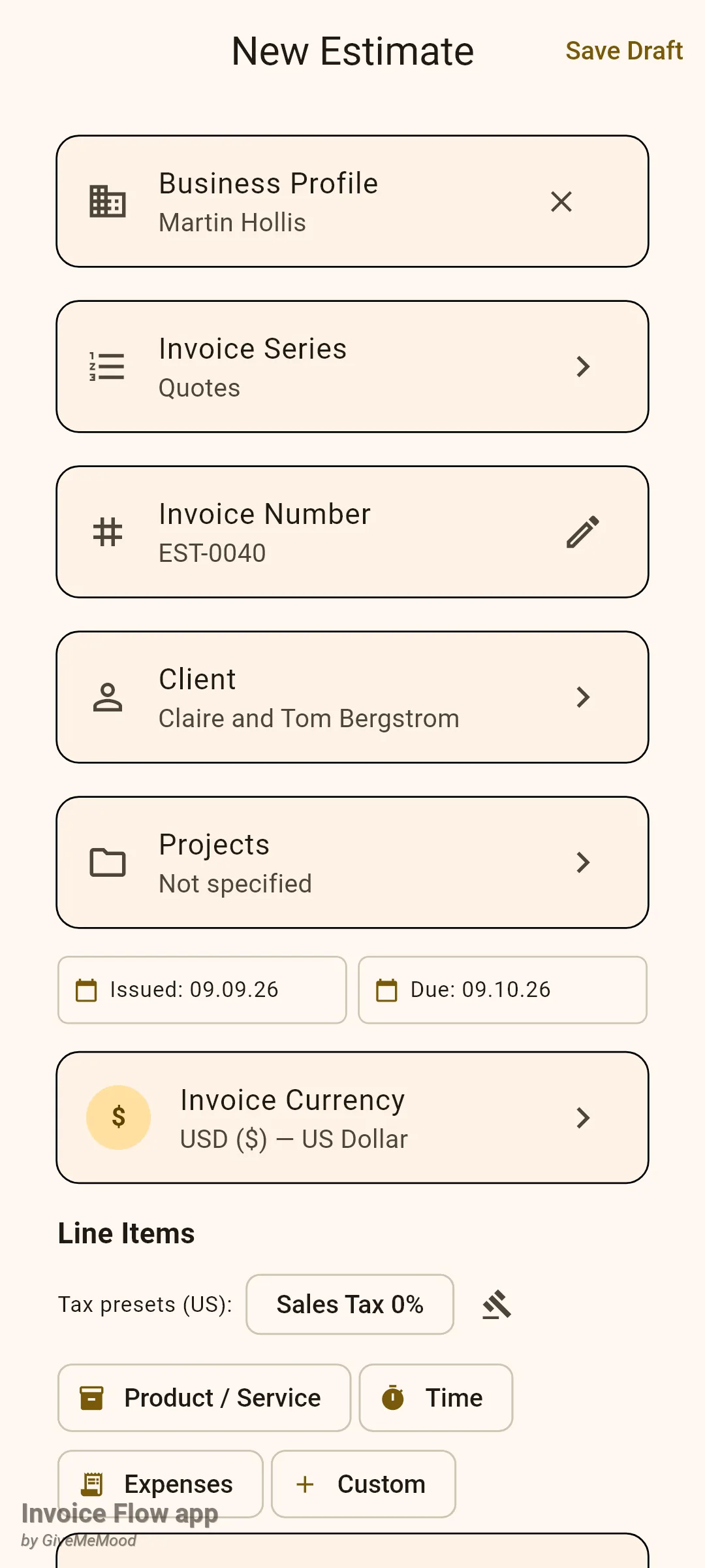Invoice Flow app New Estimate editor for Martin Hollis showing the Invoice Series card set to Quotes, the Invoice Number card reading EST-0040, the client Claire and Tom Bergstrom, Issued and Due dates and the Line Items buttons