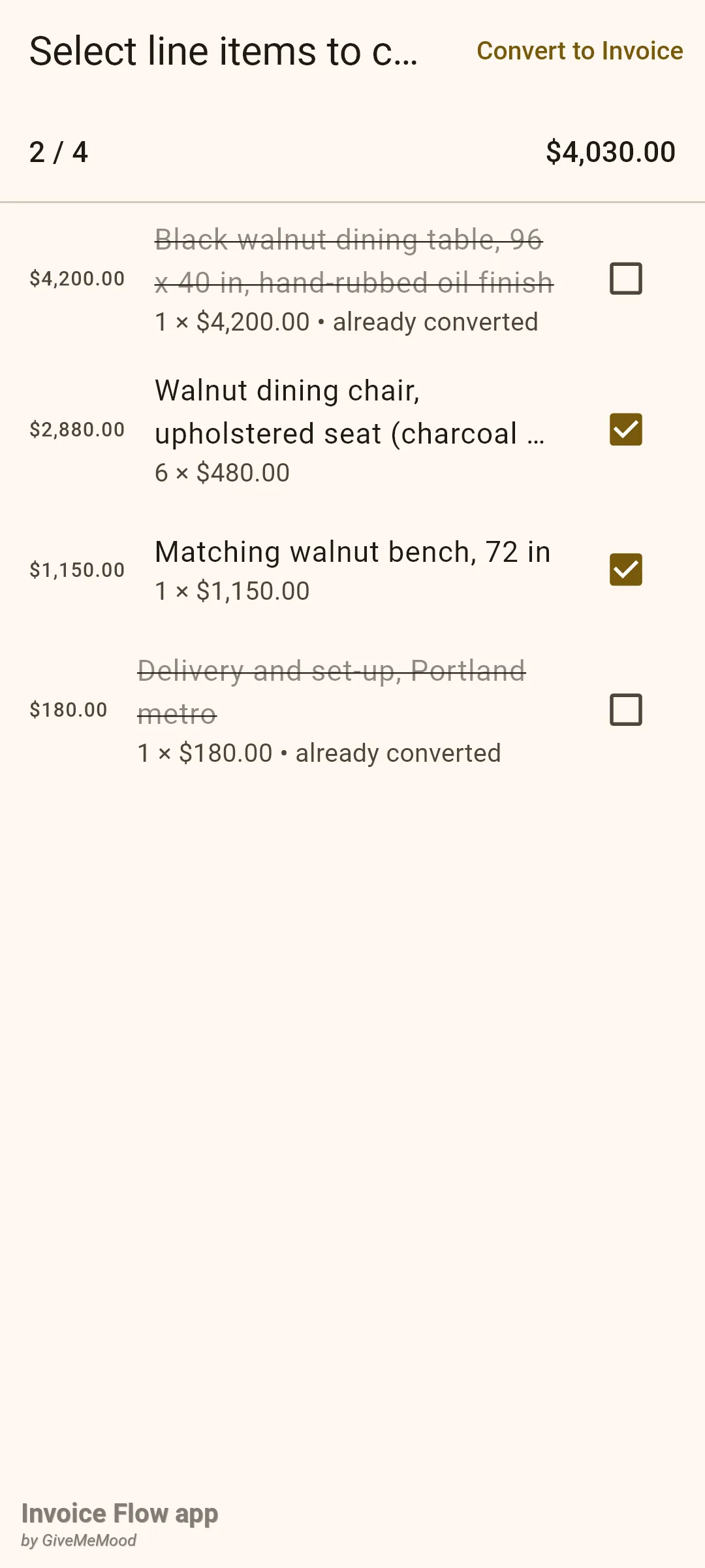 Invoice Flow app Select line items to convert screen for a partially converted estimate where the dining table and delivery are struck through with the note already converted, the chairs and bench are ticked, counter 2 / 4 and total $4,030.00