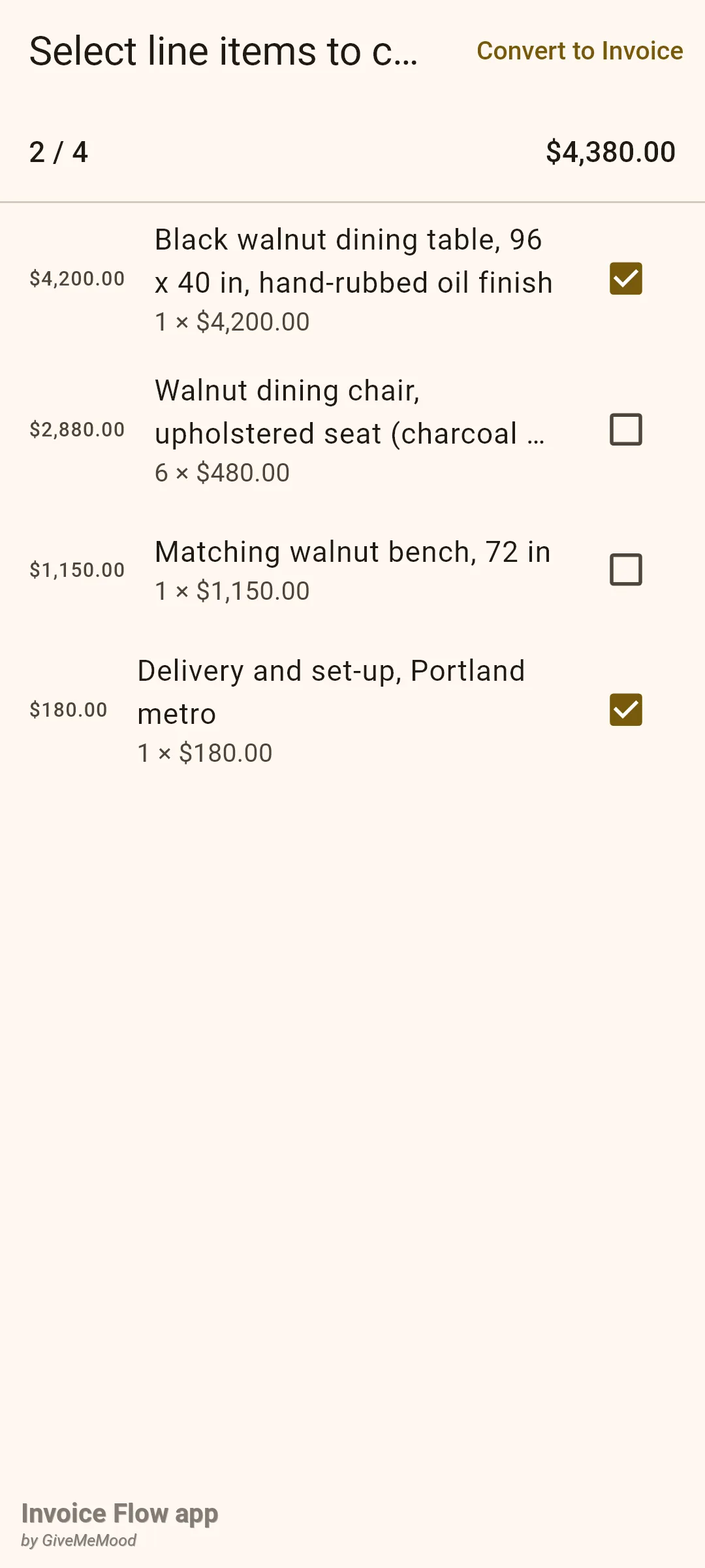 Invoice Flow app Select line items to convert screen with the black walnut dining table and Delivery and set-up ticked, the six chairs and the bench unticked, the counter 2 / 4 and a running total of $4,380.00