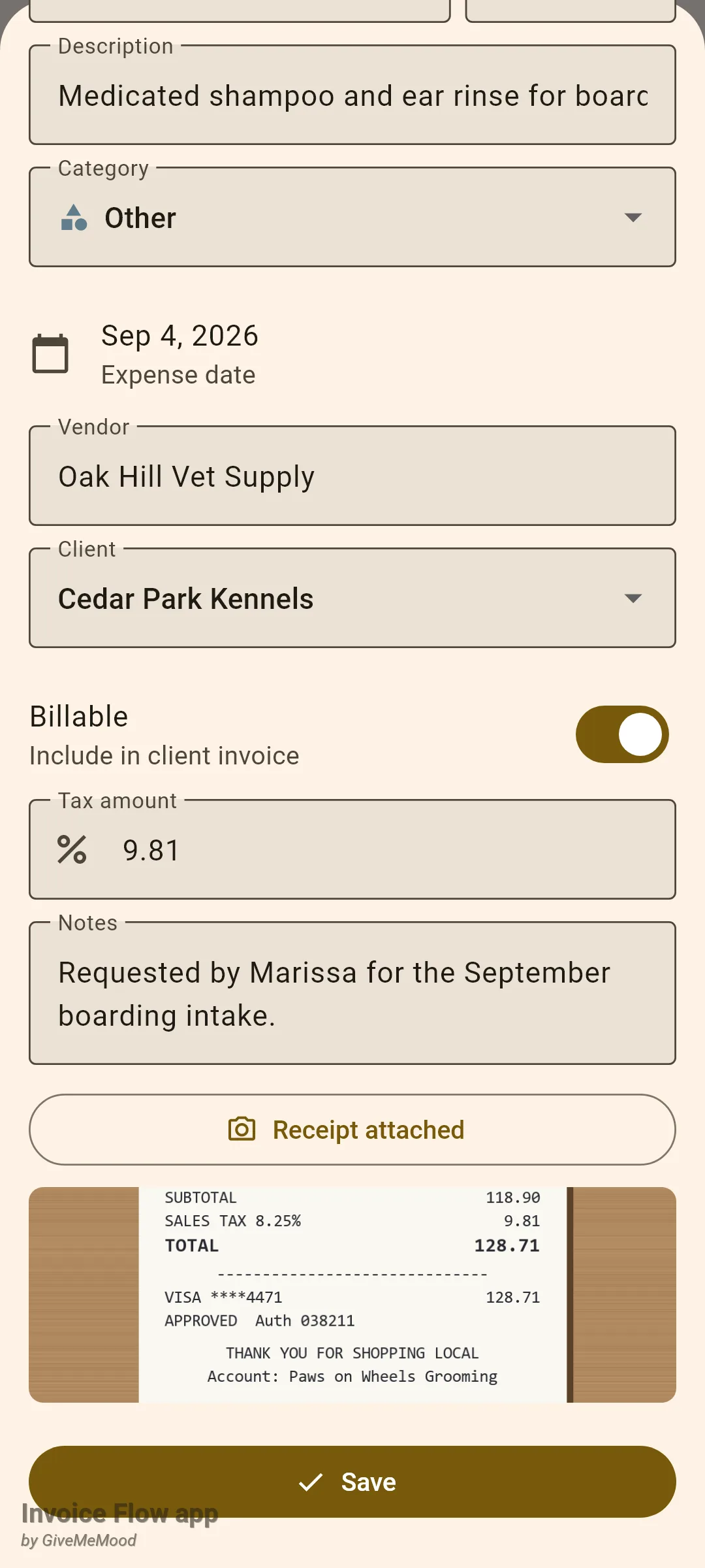Invoice Flow app Edit Expense sheet for Medicated shampoo and ear rinse, category Other, dated Sep 4, 2026, vendor Oak Hill Vet Supply, client Cedar Park Kennels, Billable on, Tax amount 9.81, a note, the Receipt attached button and a cropped preview of the photographed receipt showing the $128.71 total above the Save button
