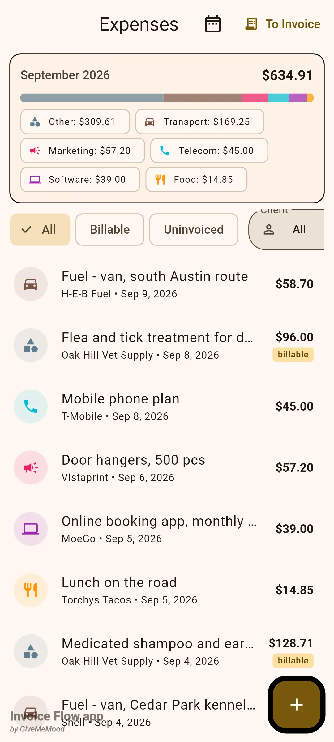 Invoice Flow app Expenses screen showing a September 2026 summary card totalling $634.91 with a stacked colour bar and chips for Other, Transport, Marketing, Telecom, Software and Food, above a list of fuel, vet supply, phone, marketing and lunch expenses, two of them tagged billable