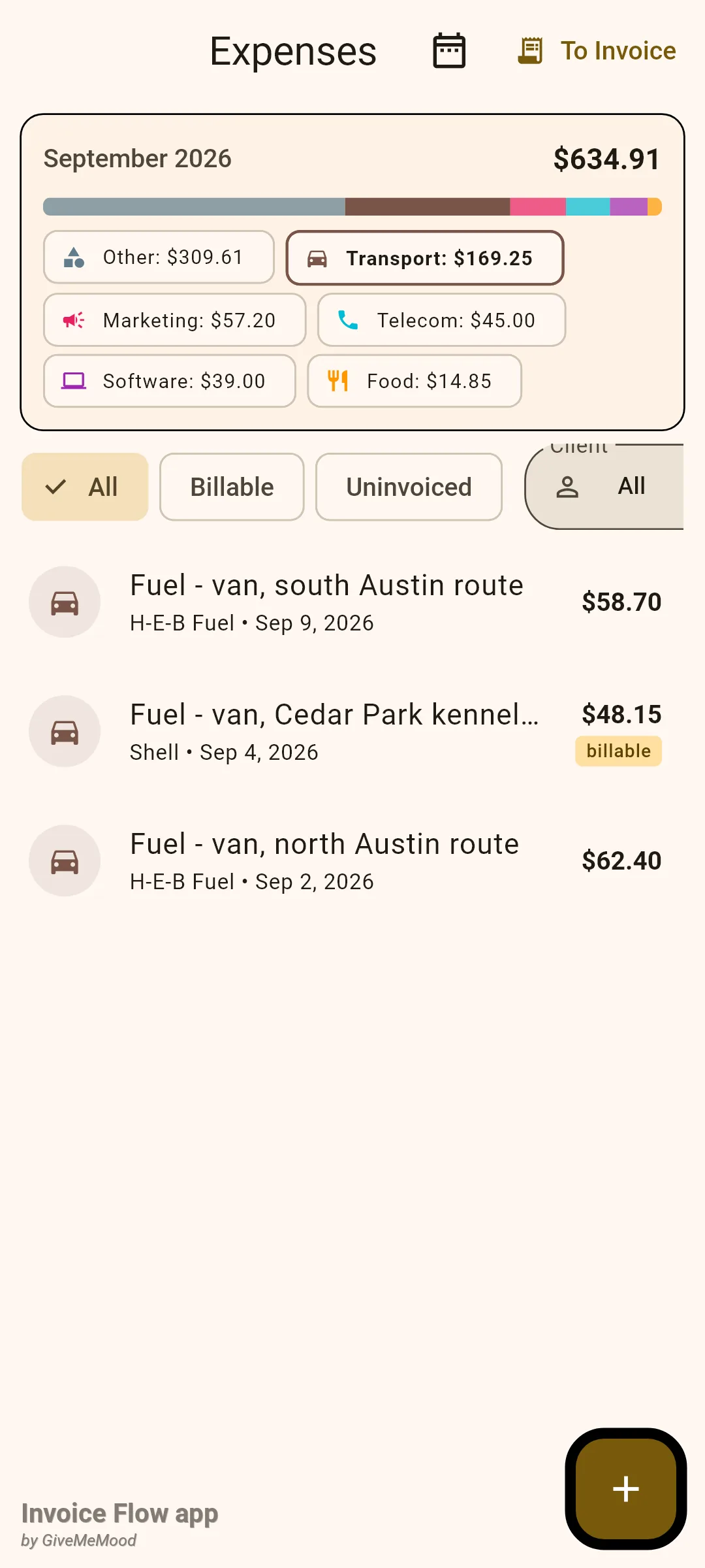 Invoice Flow app Expenses screen with the Transport chip selected in the September 2026 summary card, the brown bar segment enlarged, and only the three fuel purchases listed below the filter chips