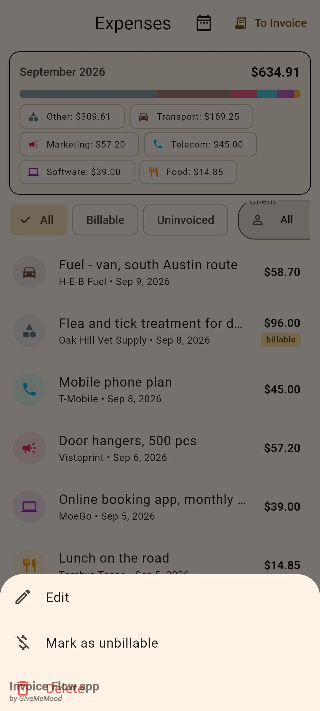Invoice Flow app Expenses screen dimmed behind a bottom sheet with three actions for the selected vet-supply expense: Edit, Mark as unbillable and Delete in red