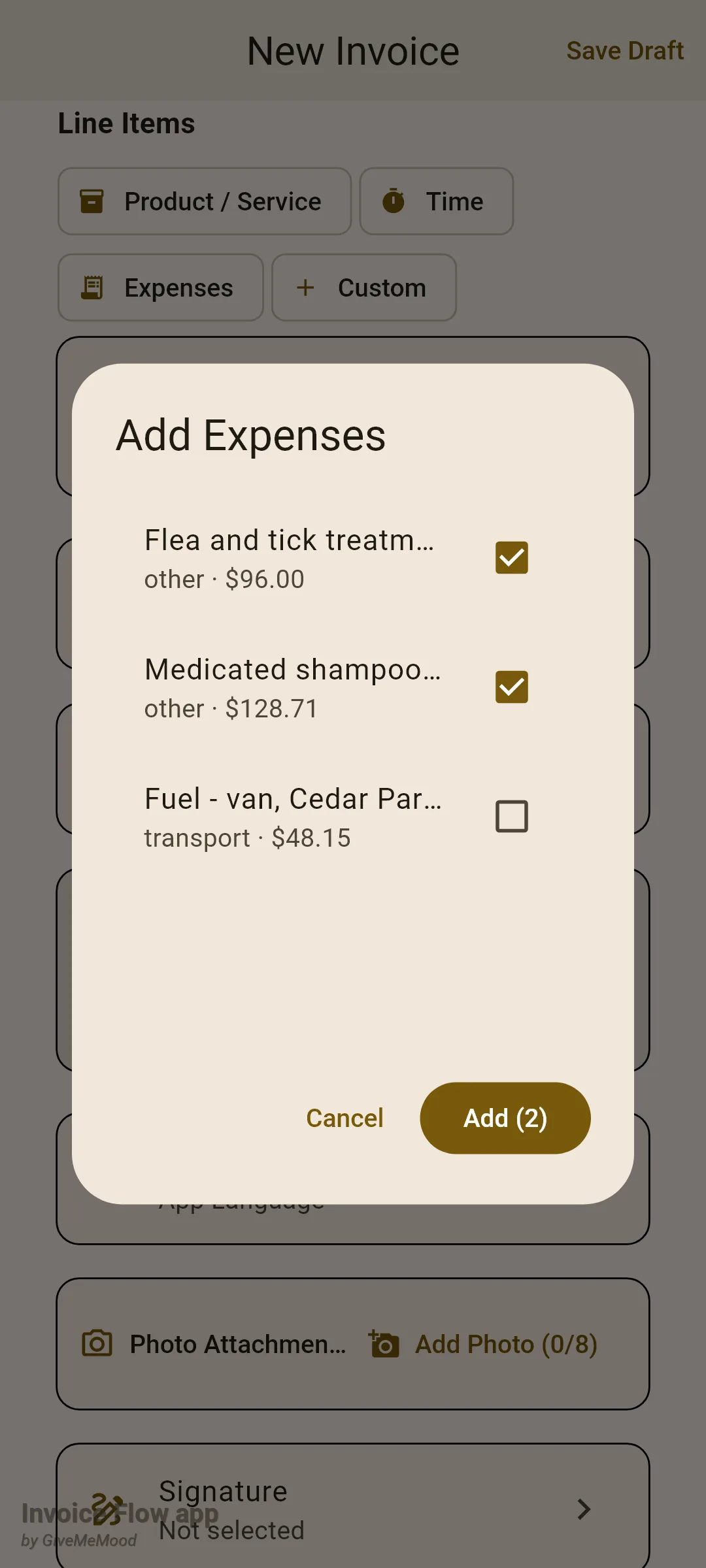 Invoice Flow app New Invoice editor with the Line Items chips Product / Service, Time, Expenses and Custom, and an Add Expenses dialog listing three billable expenses with two checked and an Add (2) button