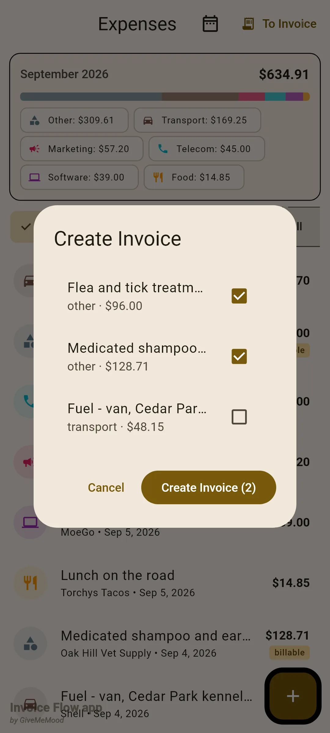 Invoice Flow app Create Invoice dialog over the Expenses screen listing three billable expenses, Flea and tick treatment other $96.00 and Medicated shampoo other $128.71 both checked, Fuel - van transport $48.15 unchecked, with Cancel and Create Invoice (2) buttons