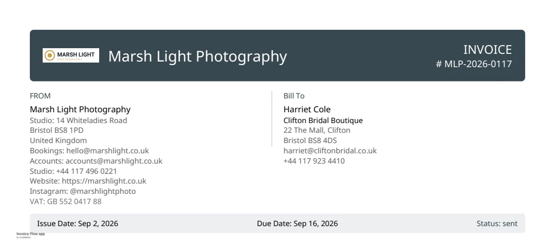 Invoice Flow app invoice PDF header on the Professional template: Marsh Light Photography wide logo and name in a dark band, invoice number MLP-2026-0117, a FROM block with Studio address, United Kingdom, Bookings and Accounts emails, Studio phone, Website, Instagram and VAT number, and a Bill To block for Harriet Cole at Clifton Bridal Boutique