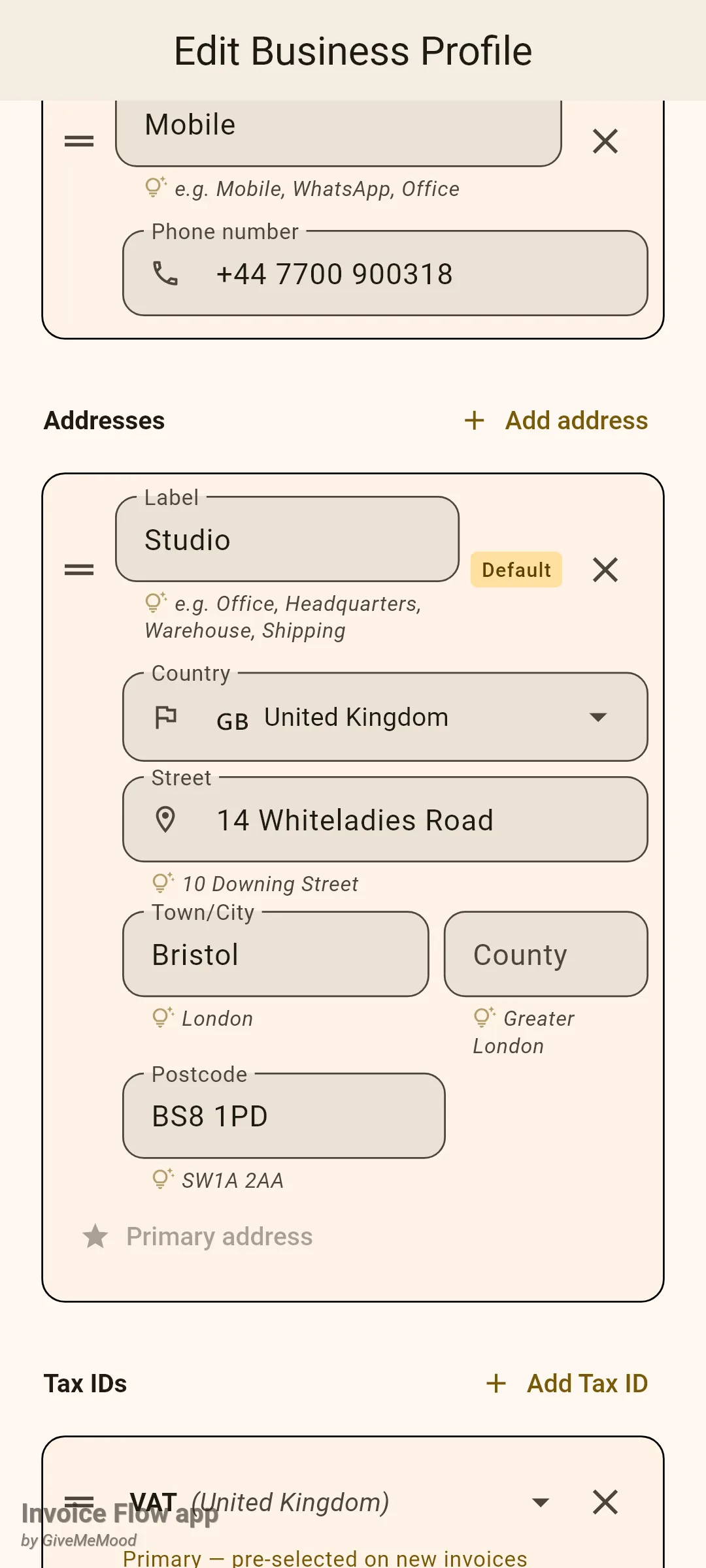 Invoice Flow app business profile editor scrolled to the Addresses section with a Studio address in the United Kingdom marked Default and Primary address, and the Tax IDs section showing a VAT (United Kingdom) entry