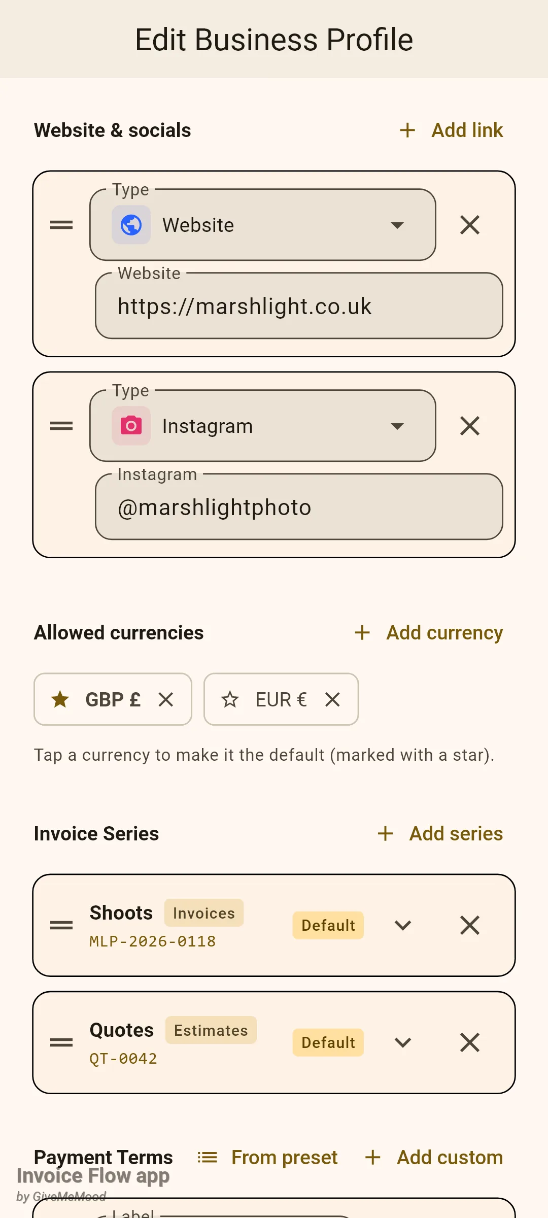 Invoice Flow app business profile editor showing Website and Instagram links, Allowed currencies with GBP starred and EUR, and Invoice Series cards named Shoots and Quotes with previews MLP-2026-0118 and QT-0042