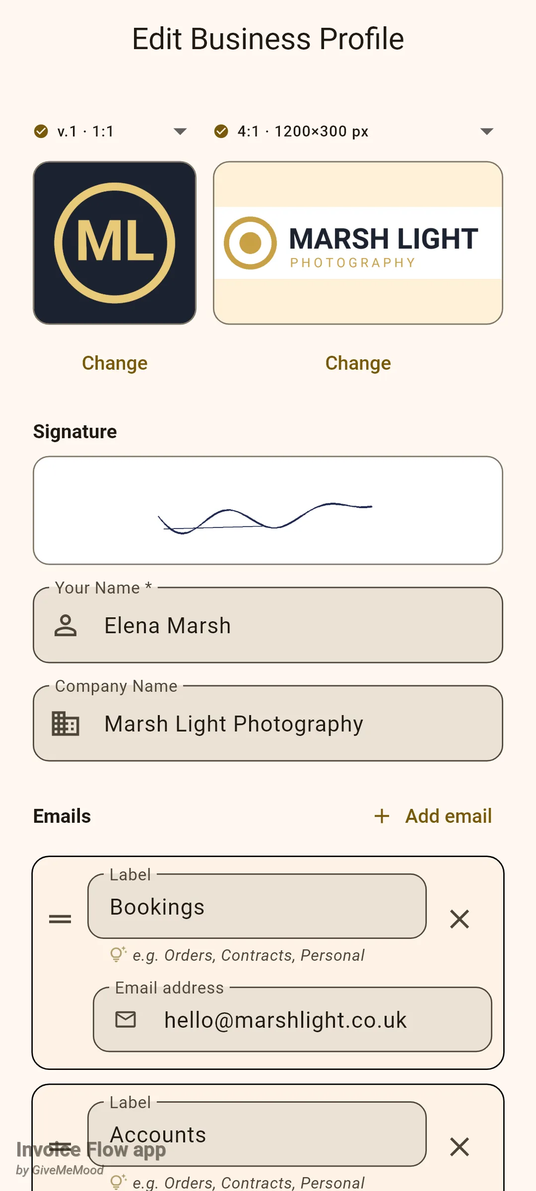 Invoice Flow app Edit Business Profile screen showing a square ML logo, a wide Marsh Light Photography logo, a saved signature, the fields Your Name and Company Name filled in, and two labelled email addresses Bookings and Accounts
