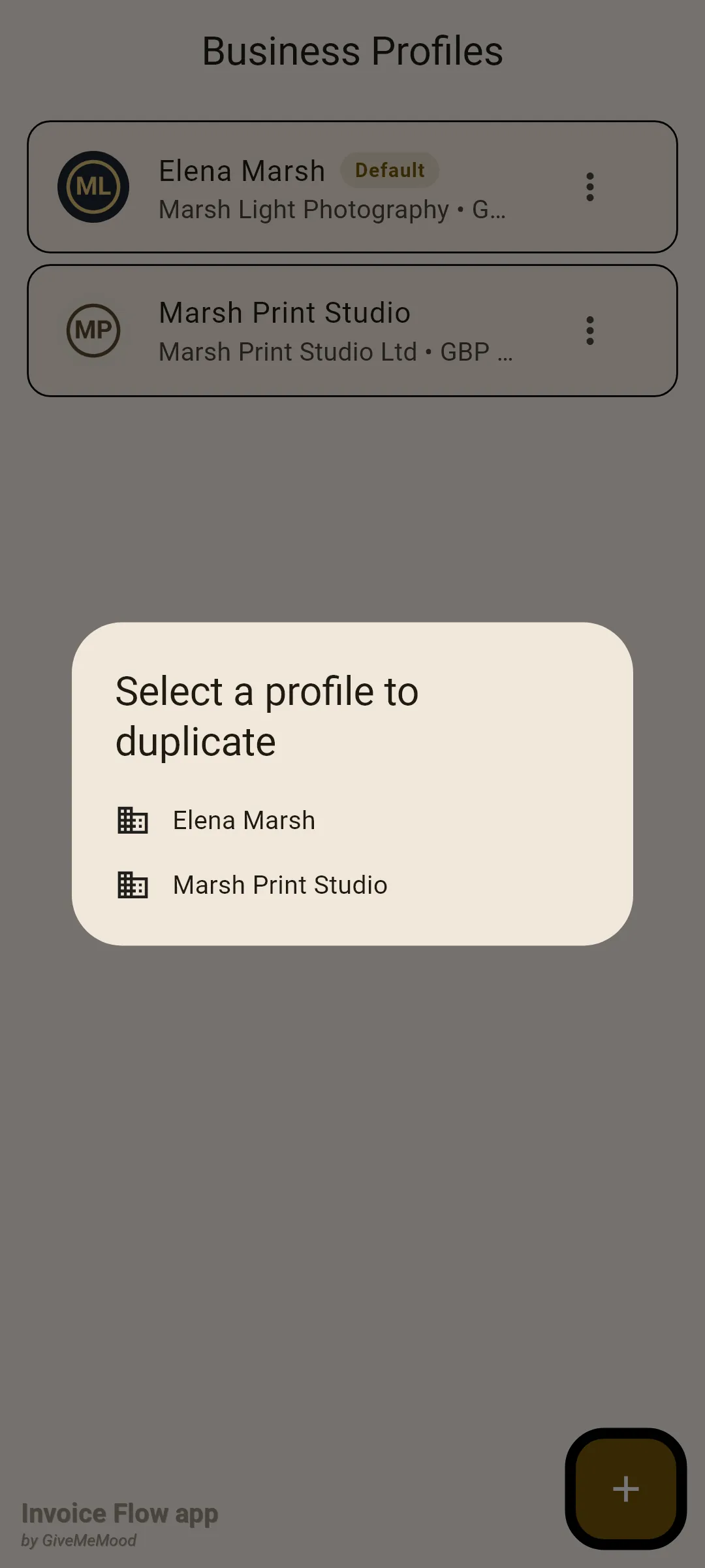 Invoice Flow app dialog titled Select a profile to duplicate listing Elena Marsh and Marsh Print Studio with building icons