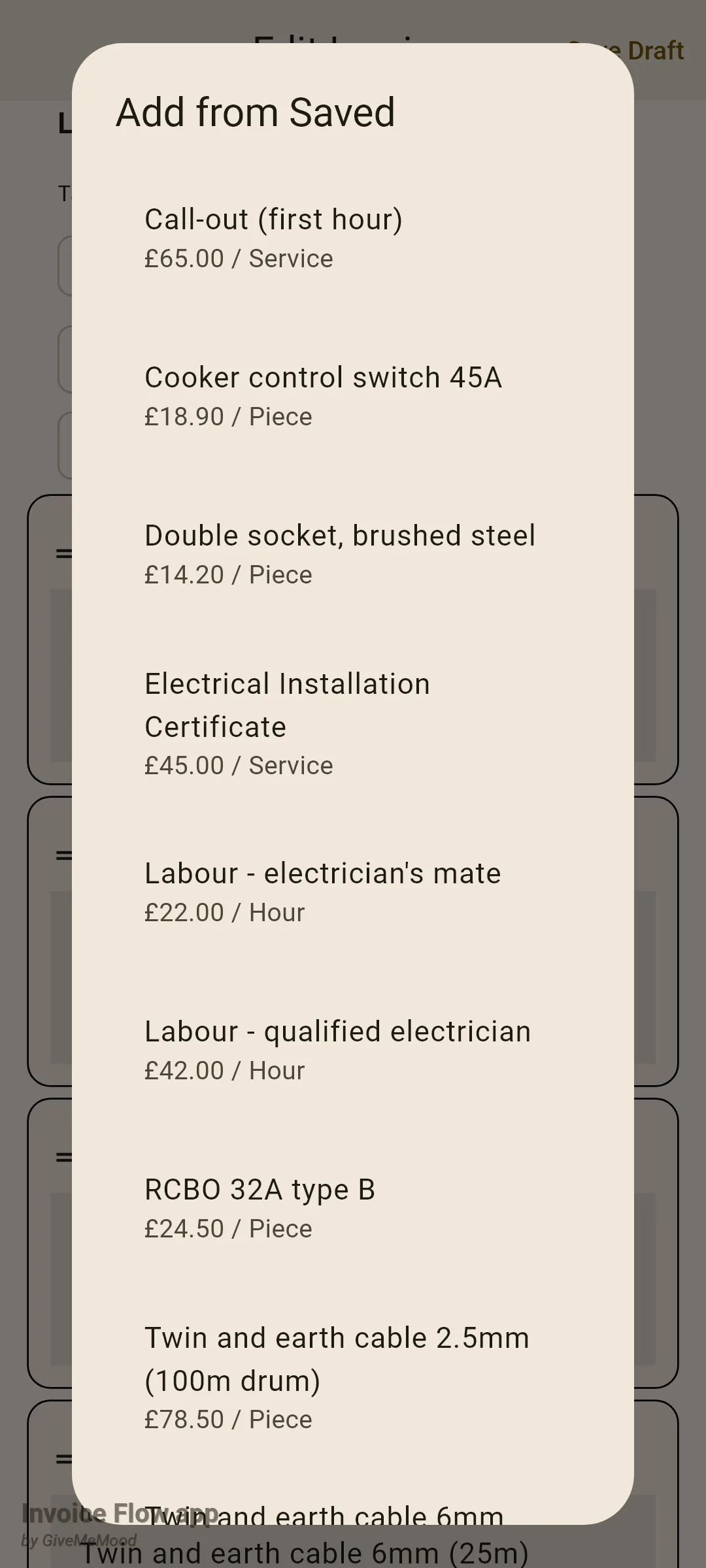 Invoice Flow app Add from Saved dialog listing an electrician's saved rates and materials such as Labour - qualified electrician at 42 pounds per hour and Double socket, brushed steel at 14.20 pounds per piece