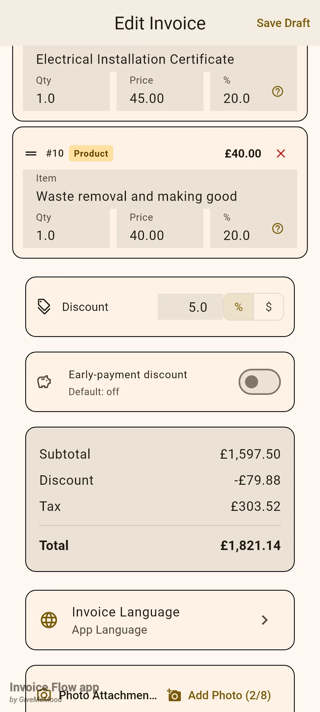 Invoice Flow app invoice editor showing the last line item, a Discount card set to 5.0 percent, the Early-payment discount switch set to off and a totals card with subtotal 1,597.50, discount -79.88, tax 303.52 and total 1,821.14 pounds